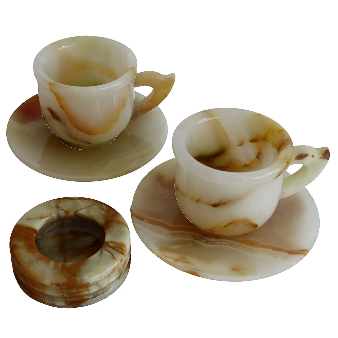 Oniks Doğal Taş 2’li Fincan ve 3 İnç Kül Tablası Seti – El Yapımı Şık Dekoratif Hediyelik, Doğal Taş Enerjisiyle