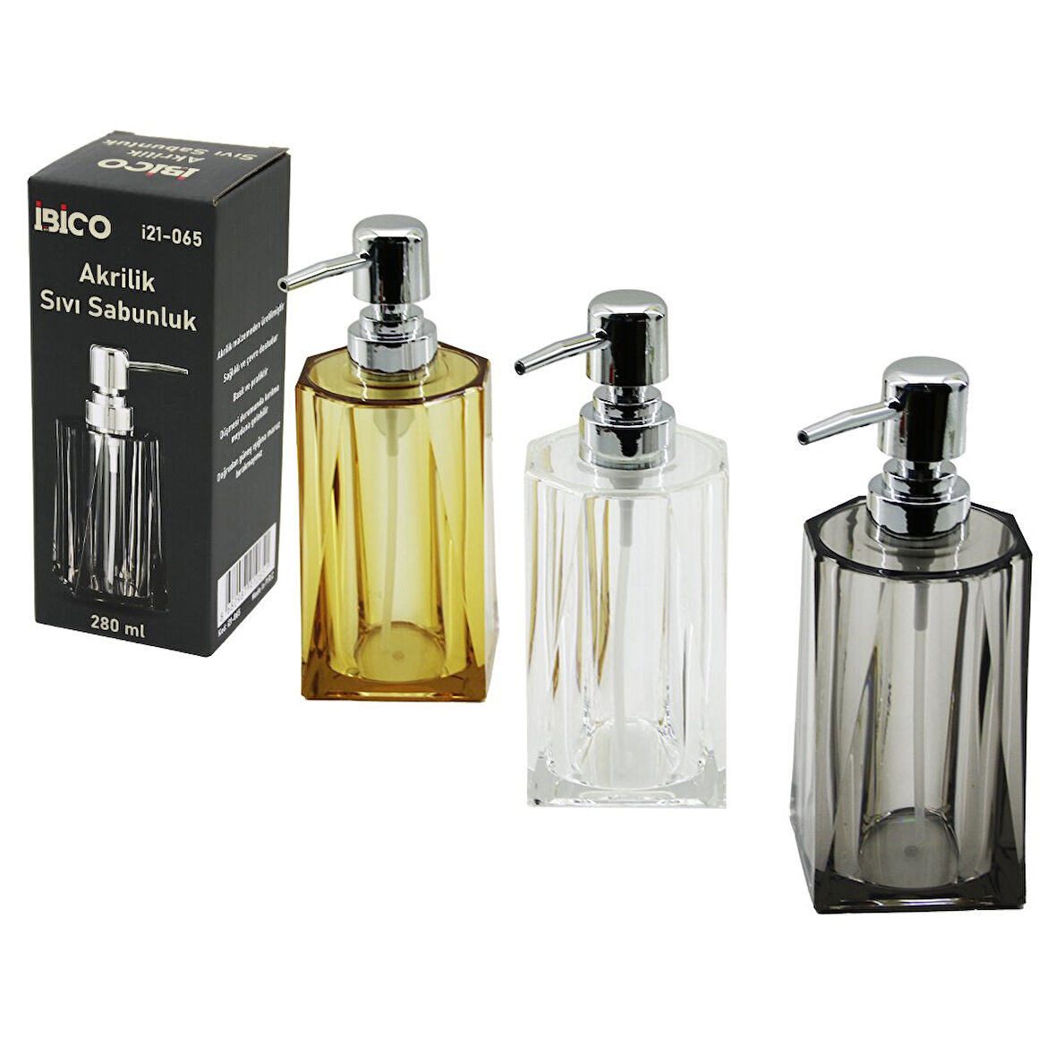 UZUN KARE TABAN - YVRLK AĞIZ - 4+4=8GEN GÖVDE ŞEFFAF - RENKLİ AKRİLİK - MİKA KRİSTAL SIVI SABUNLUK 280ML (5250)