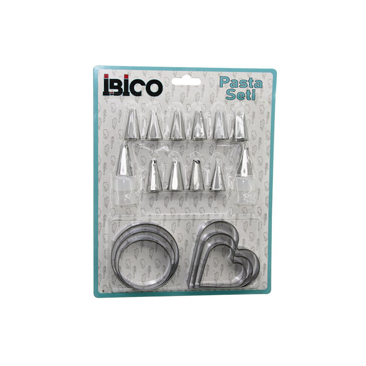 20PCS PASTA SÜSLEME UÇ SETİ= 12-METAL KURABİYE KALIP METAL=3-KALP - 3-YUVARLAK 2-UÇ TUTUCU PLS.ADAPTÖR (5250)