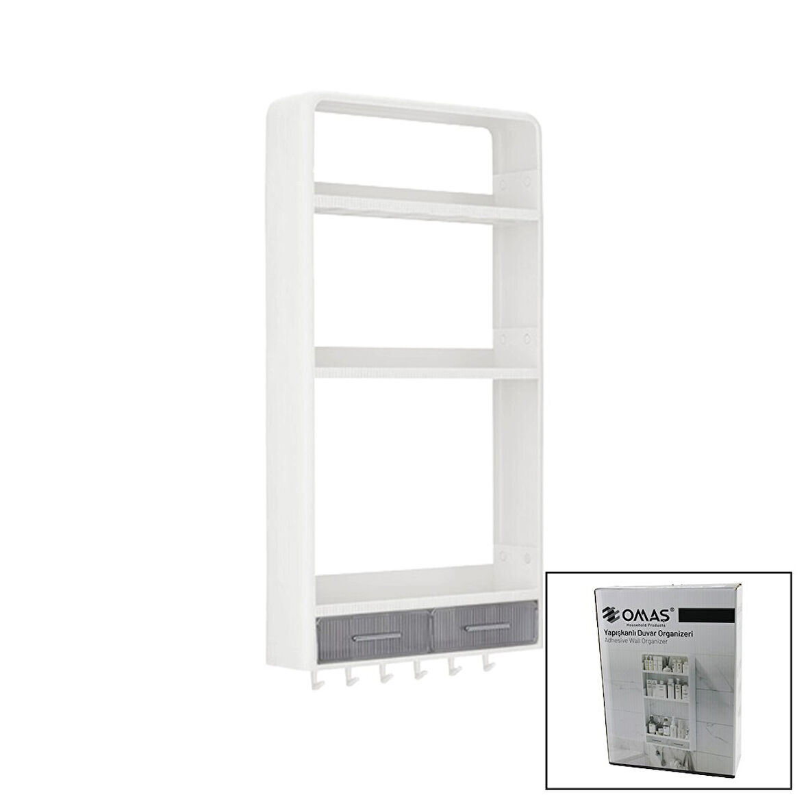 BEYAZ YAPIŞKANLI DUVAR ORGANİZERİ PLASTİK 3 RAF=14CM-19CM-30CM - 2 ÇEKMECE=40CM - 6 ASKI 19 PARÇA (5250)