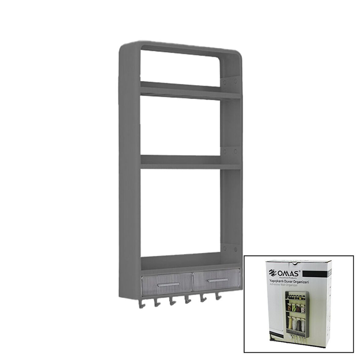 GRİ YAPIŞKANLI DUVAR ORGANİZERİ PLASTİK 3 RAF=14CM-19CM-30CM - 2 ÇEKMECE=40CM - 6 ASKI 19 PARÇA (5250)