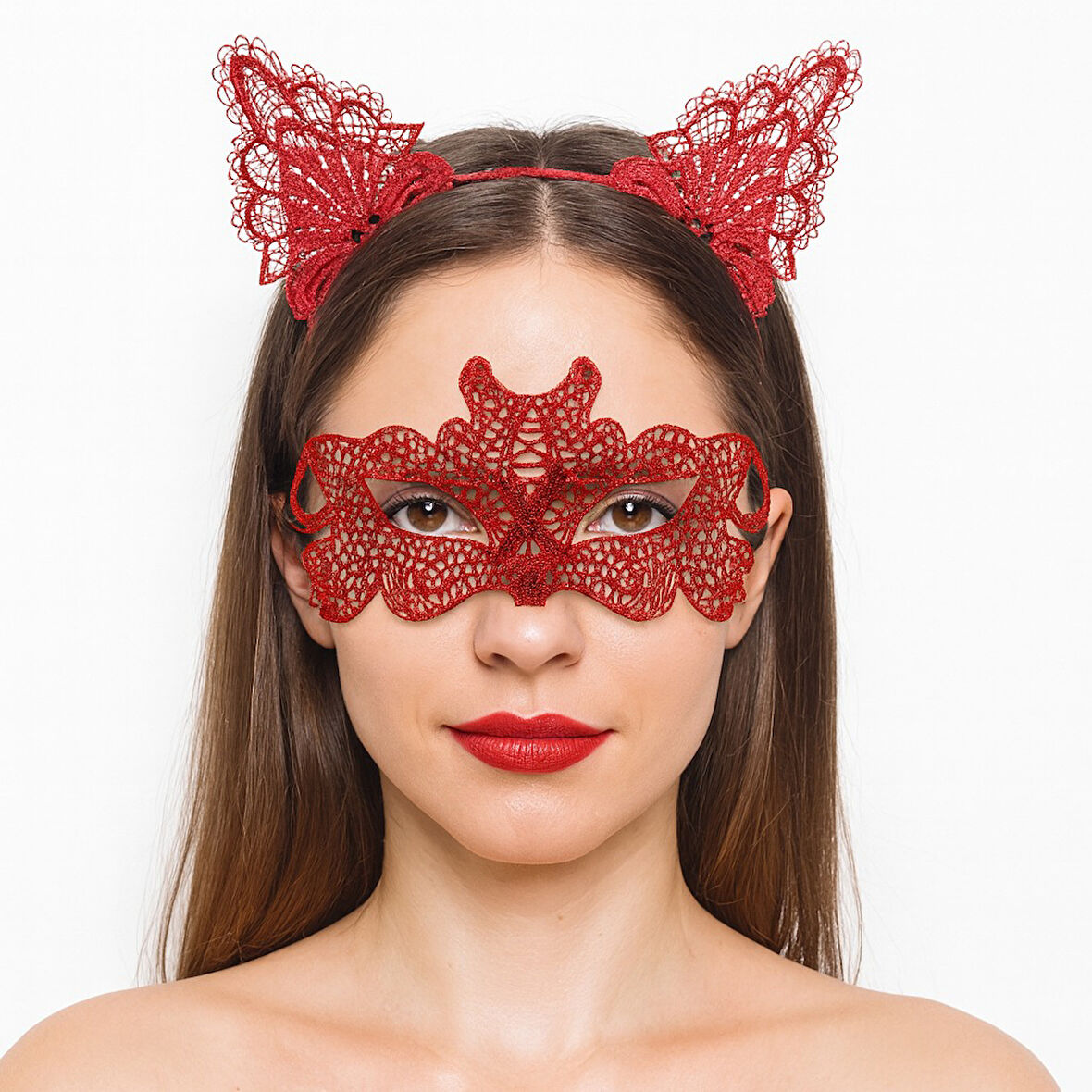 Ateş Kırmızısı Dantel Taç ve Maske Seti 10 No - Maskeli Balo &amp;amp; Özel Gün Seti (5250)