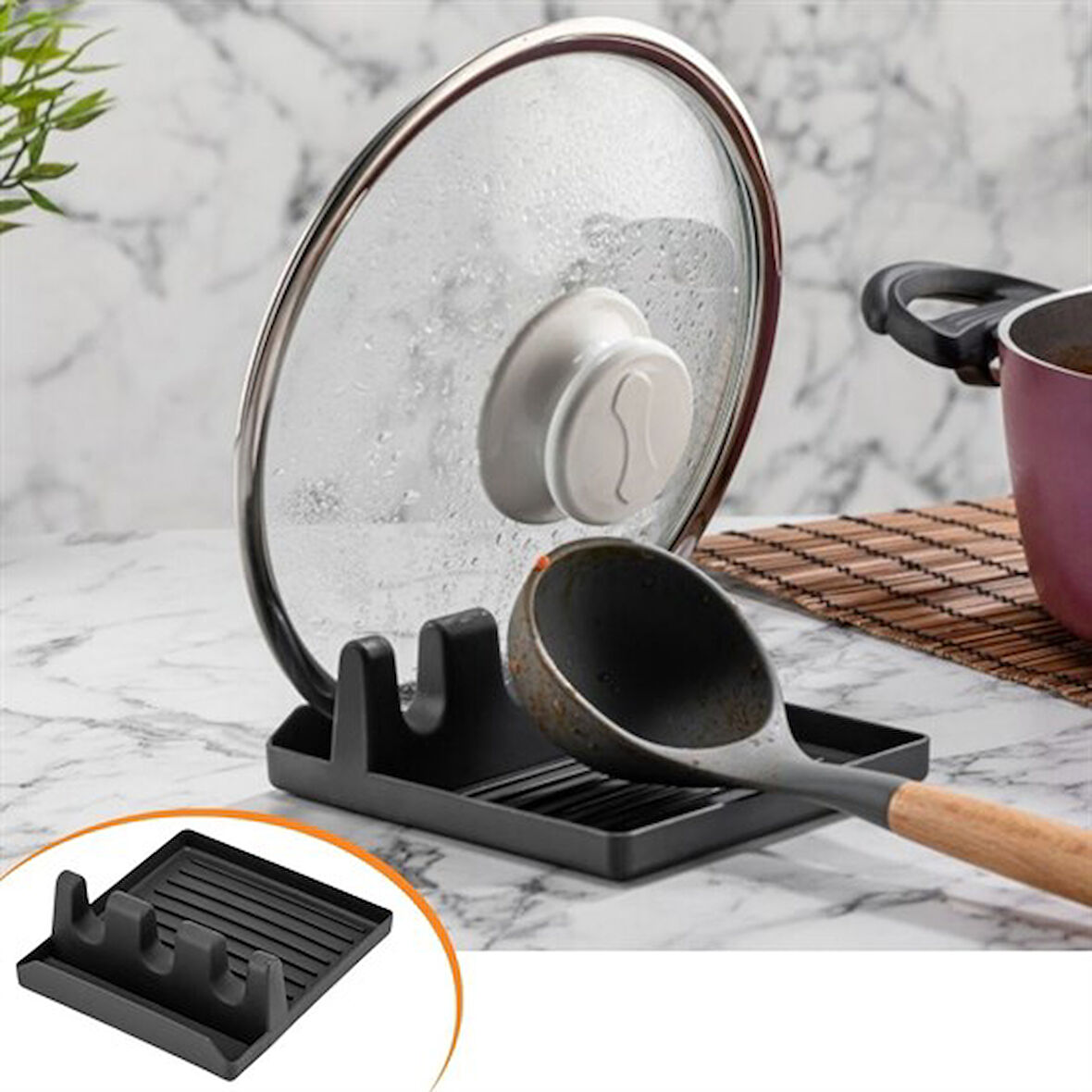 Tencere Kapak Tutuculu Kaşıklıklı Tencere Kapak Standı Pratik Kaşık Kepçe Altlık Düzenleyici (5250)