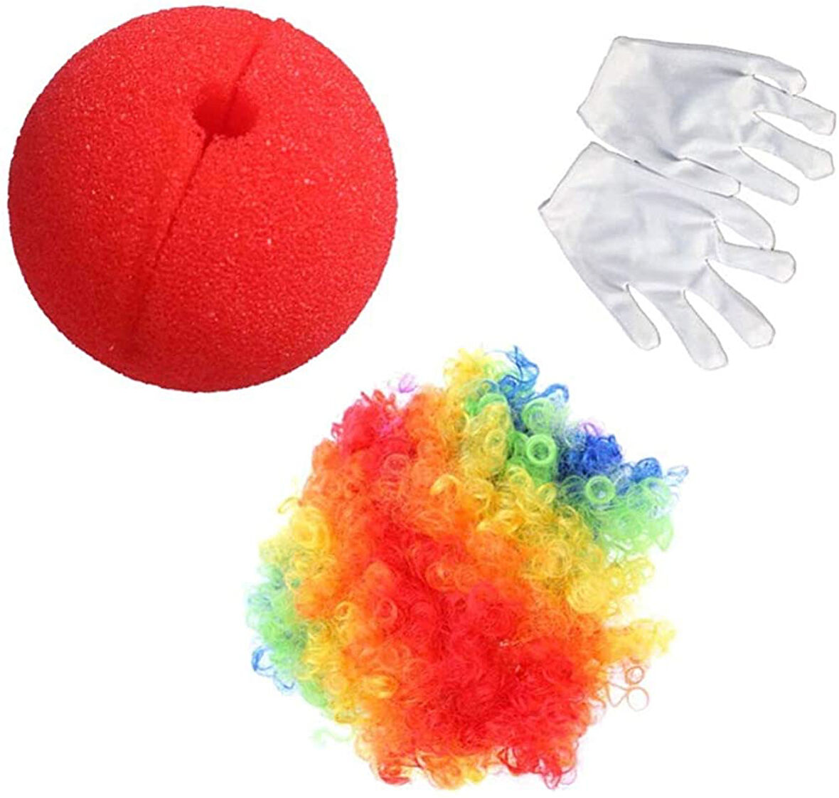 Rengarenk Palyaço Peruk Beyaz Eldiven Kırmızı Sünger Burun Palyaço Seti 3 Parça (5250)