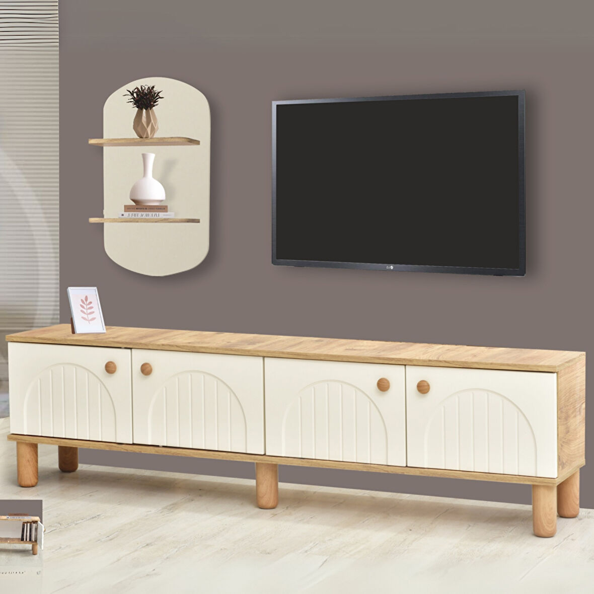 Lidya Duvar Ünitesi Atlantik Çam Krem Renkli 180 cm TV Sehpası + Dekoratif Raf Takımı