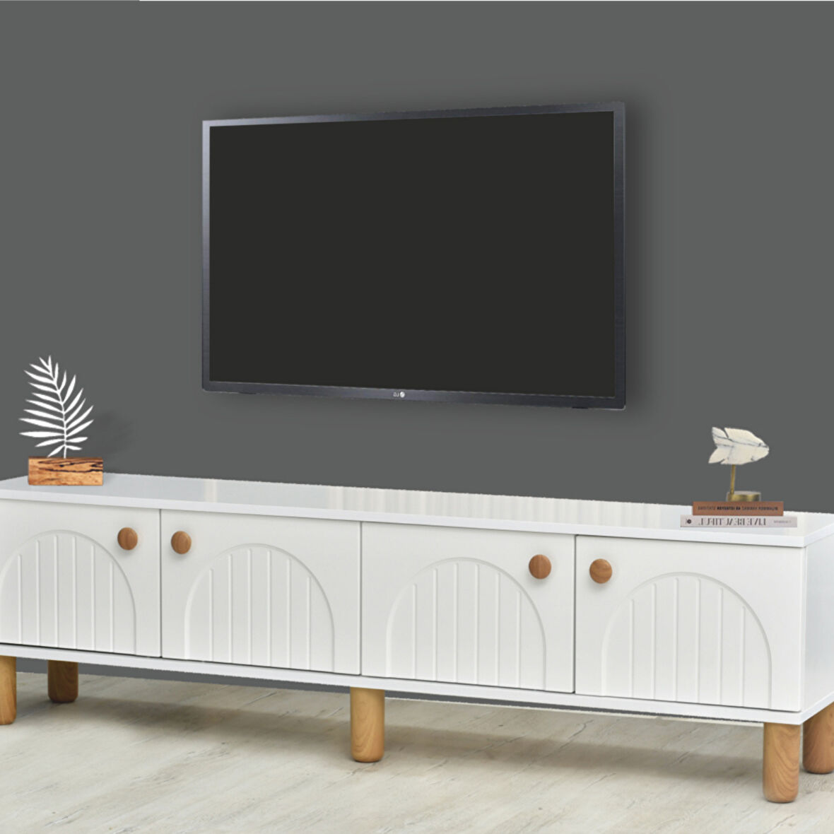 Lidya Duvar Ünitesi Beyaz 180 cm TV Sehpası + Dekoratif Raf Takımı