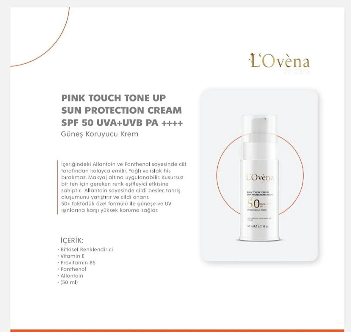 Lovena de Paris Pink Touch Tone Up Sun Protection Cream pembe güneş kremi 50 SPF 50 ml