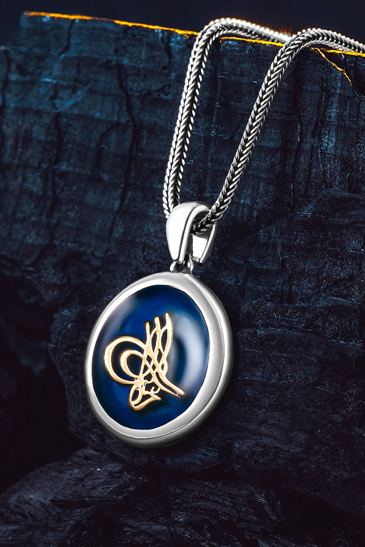 925 Ayar Gümüş Mavi Osmanlı Tuğrası İşlemeli Yuvarlak Kolye Tilki Kuyruğu Zincirli