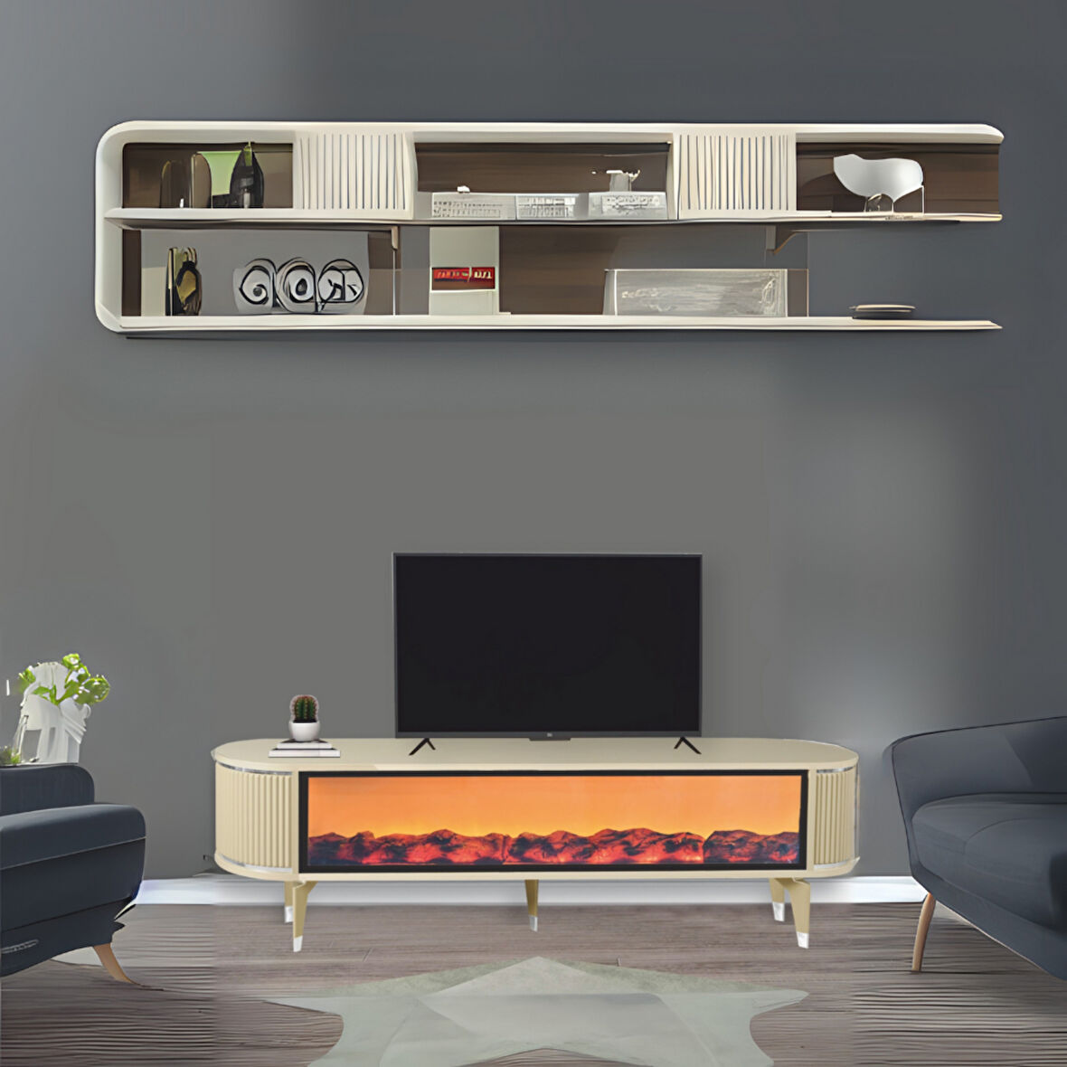 Talia Şömineli Tv Sehpası Cappuccino Gümüş Mebran Bluetooth Hoparlörlü 7 Renk Efektli 160x40x50 Cm
