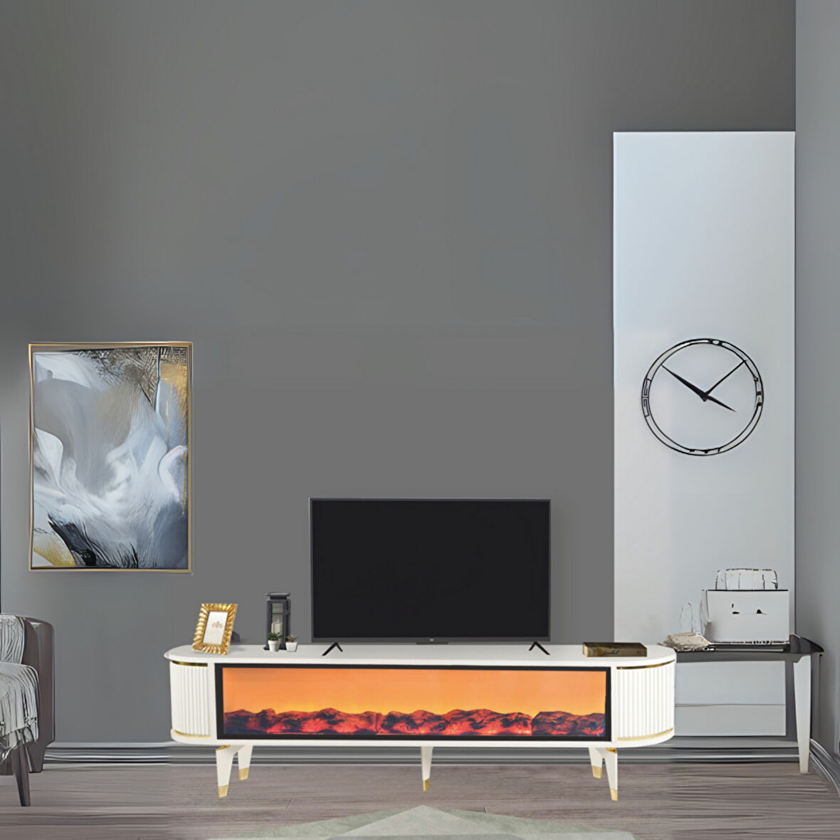 Talia Şömineli Tv Sehpası Beyaz Gold Mebran Kapaklı Bluetooth Hoparlörlü 7 Renk Efektli 180x40x50 Cm