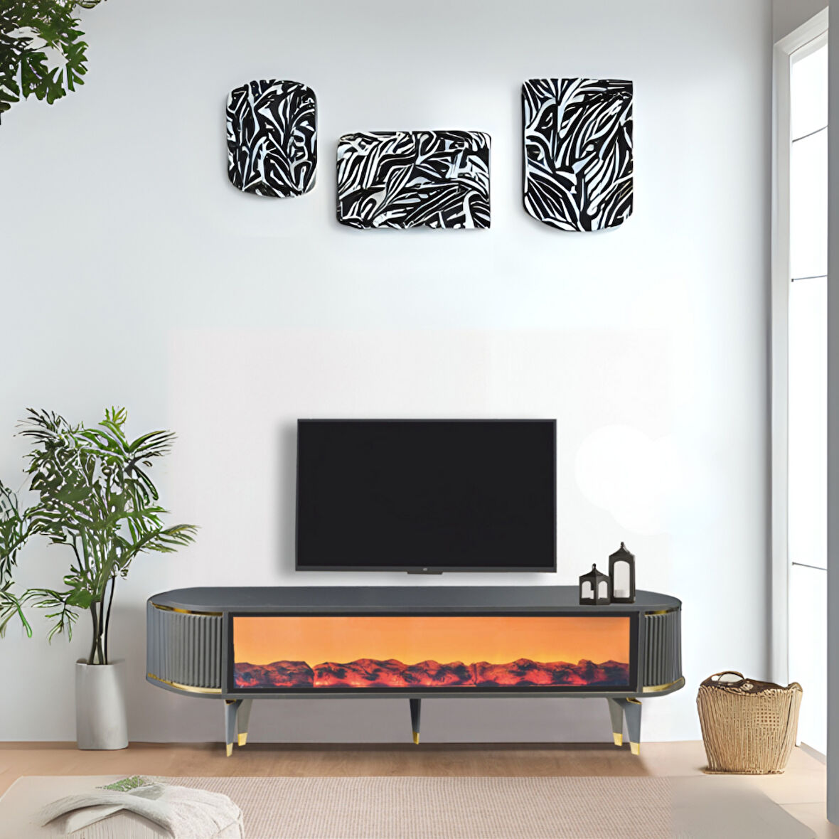 Talia Şömineli Tv Sehpası Antrasit Gold Mebran Bluetooth Hoparlörlü 7 Renk Efektli 160x40x50 Cm