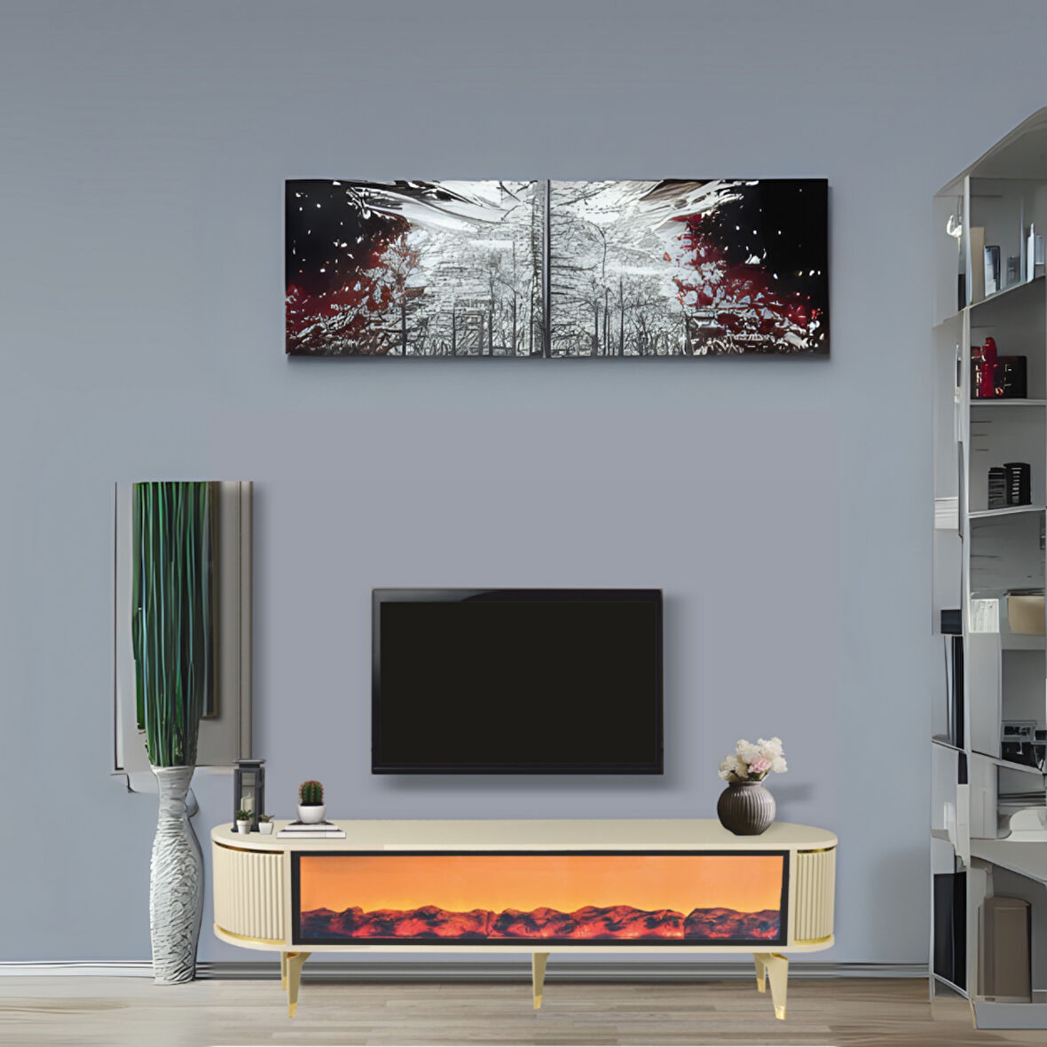 Talia Şömineli Tv Sehpası Cappuccino Gold Oval Bluetooth Hoparlörlü 7 Renk Efektli 160x40x50 Cm