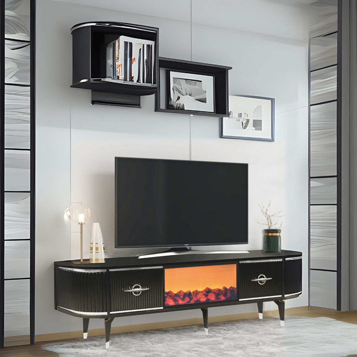 Maya Şömineli Tv Sehpası Siyah Gümüş Şeritli Mebran Kapaklı Oval Tasarım 180x40x50 Cm