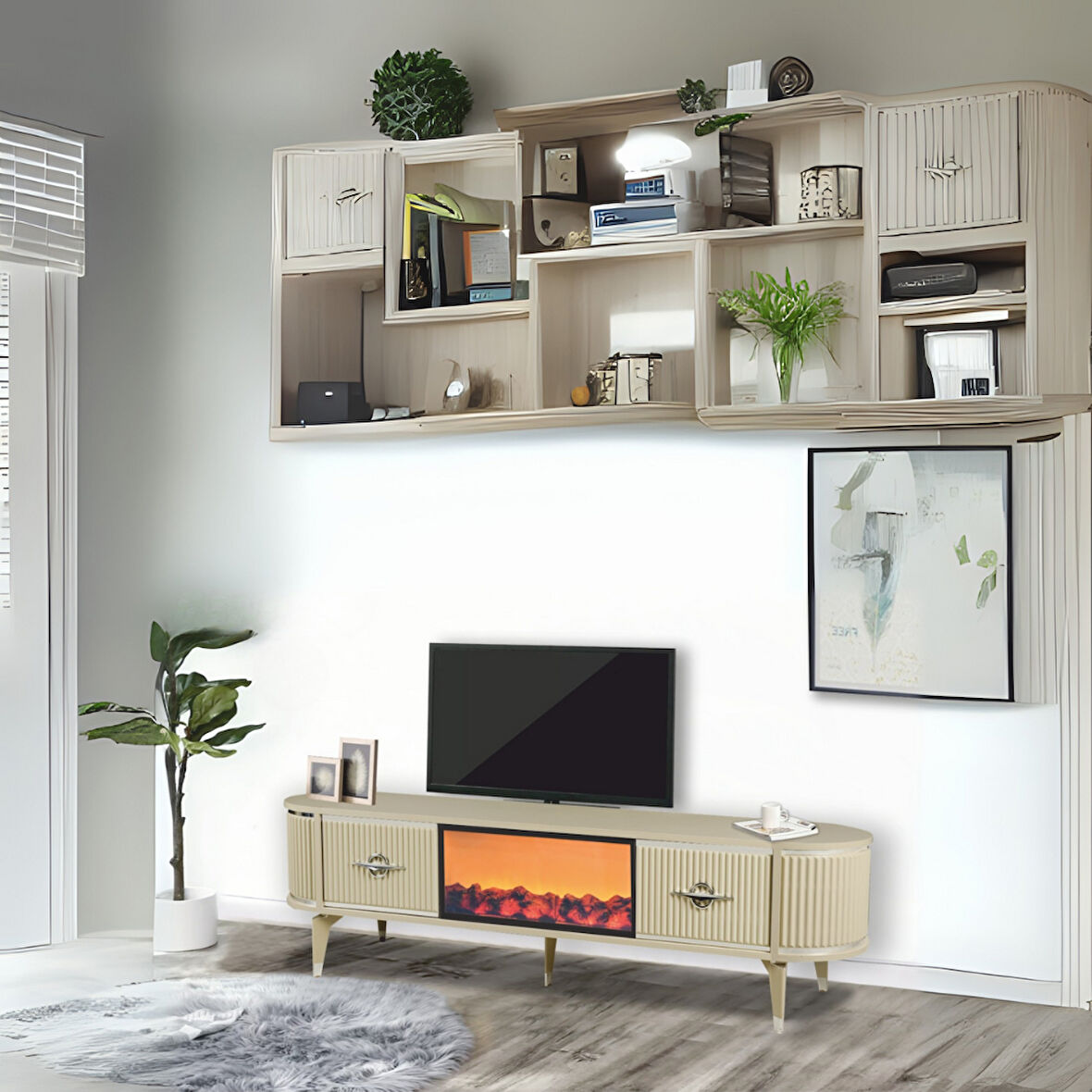 Maya Şömineli Tv Sehpası Cappuccino Gümüş Mebran Kapaklı 2 Kapaklı 180x40x50 Cm