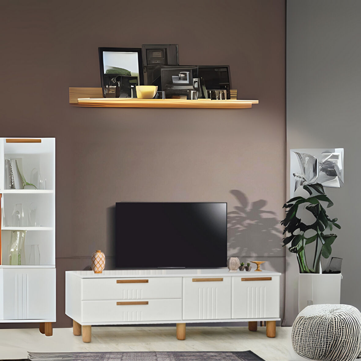 Dia Tv Sehpası 2 Kapaklı Ve 2 Çekmeceli Tasarım Beyaz Krem Detaylı- 160x35x52 Cm