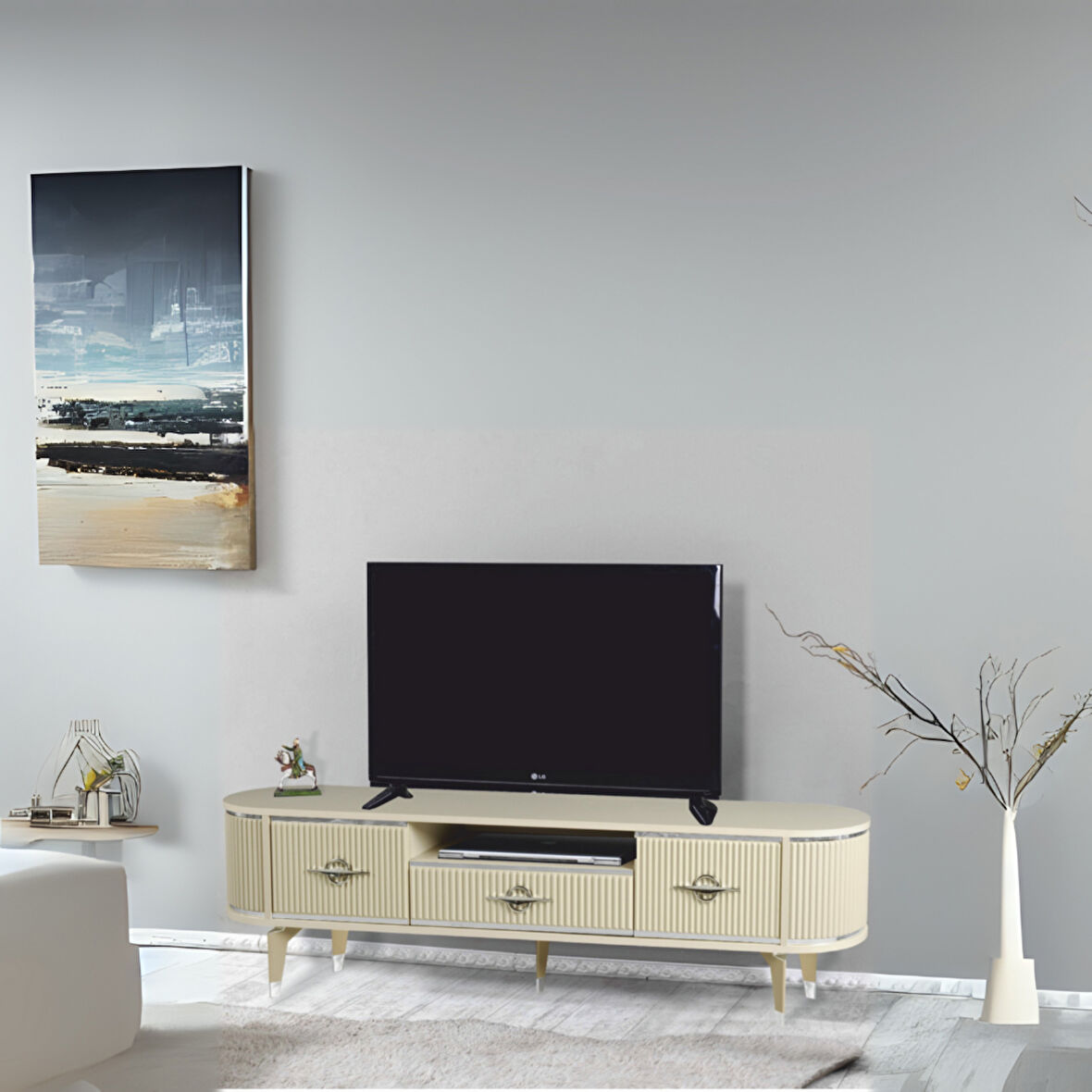 Duru Tv Sehpası Cappuccino Gümüş 2 Kapaklı 1 Çekmeceli Mebran Kapaklı Oval Tasarım 180x40x50 Cm