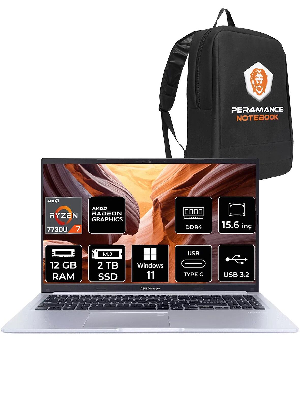 ASUS Vivobook 15 M1502YA RYZEN 7 7730U 12GB RAM 2TB SSD 15.6'' FHD W11HOME NJ119W & PER4 ÇANTA