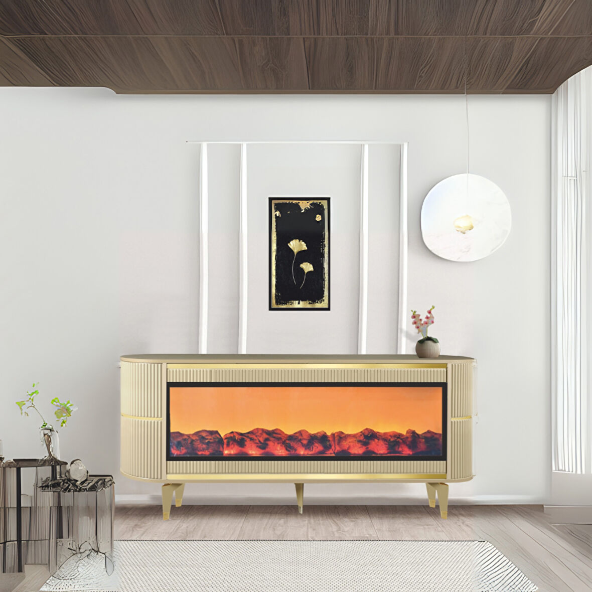 Dekoratif Şömineli Tv Sehpası Uygulamalı 7 Renk Hoparlörlü Cappuccino Gold Detaylı 160x67x40 Cm