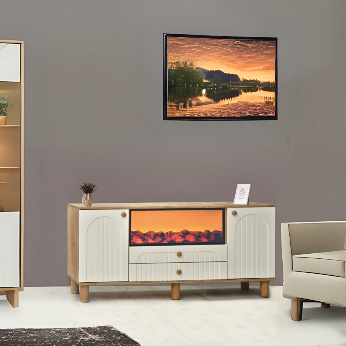 Lidya Şömineli Konsol 2 Kapaklı 2 Çekmeceli Atlantik Çam Krem Alev Efektli 160x80x44 Cm