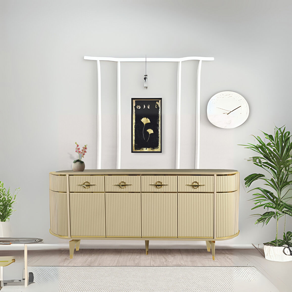 Maya Cappuccino Gold Lüks Konsol 4 Kapaklı Şerit Detaylı Metal Ayaklı Tasarım 180x45x84 Cm