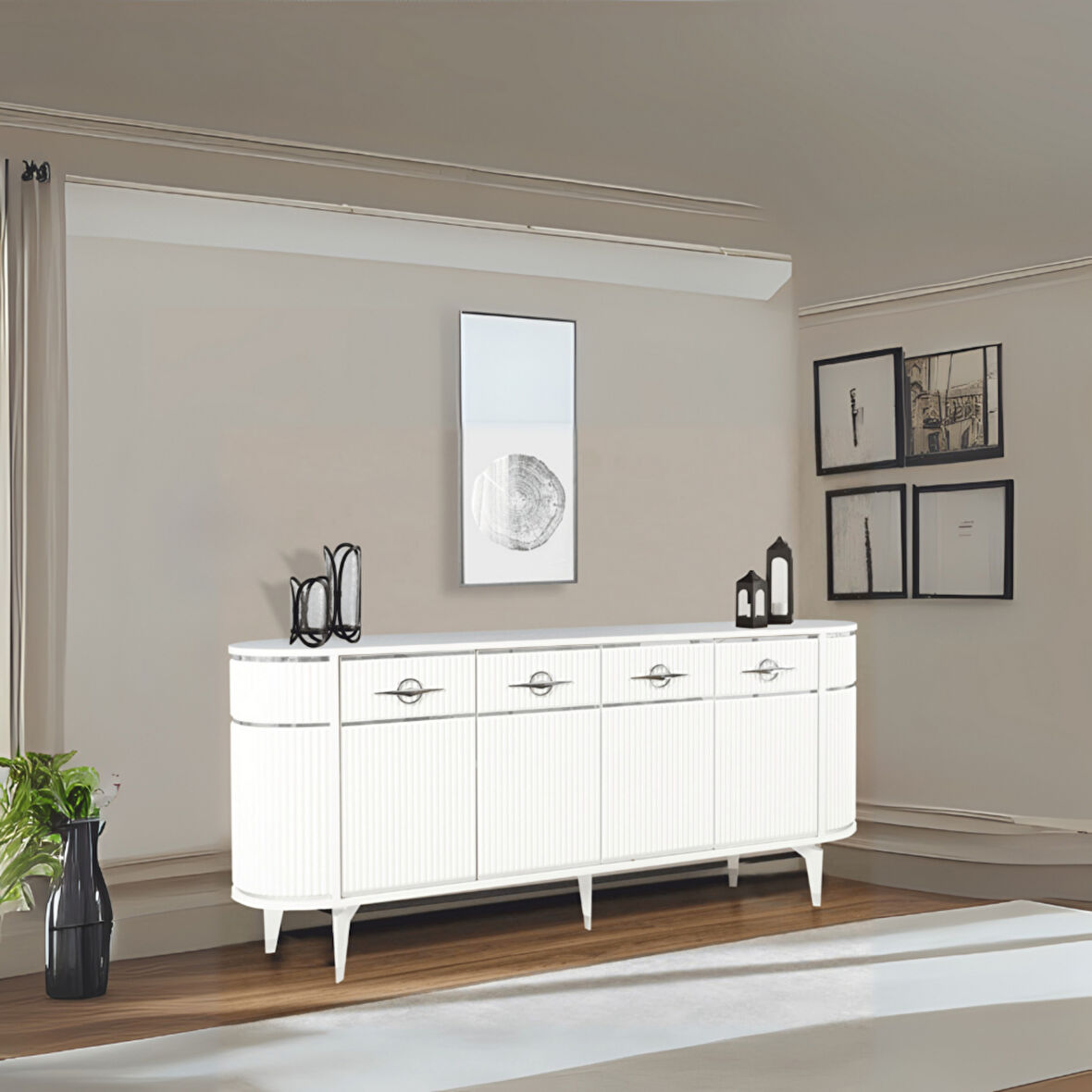 Maya 4 Kapaklı Gümüş Detaylı Konsol – Beyaz Renkli Oval Model | 180x45x84 Cm