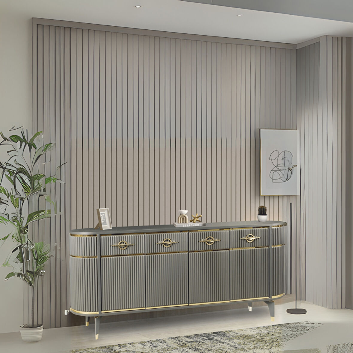 Maya Antrasit Gold Lüks Konsol 4 Kapak Oval Gövde Pramit Ayaklı 180x45x84 Cm