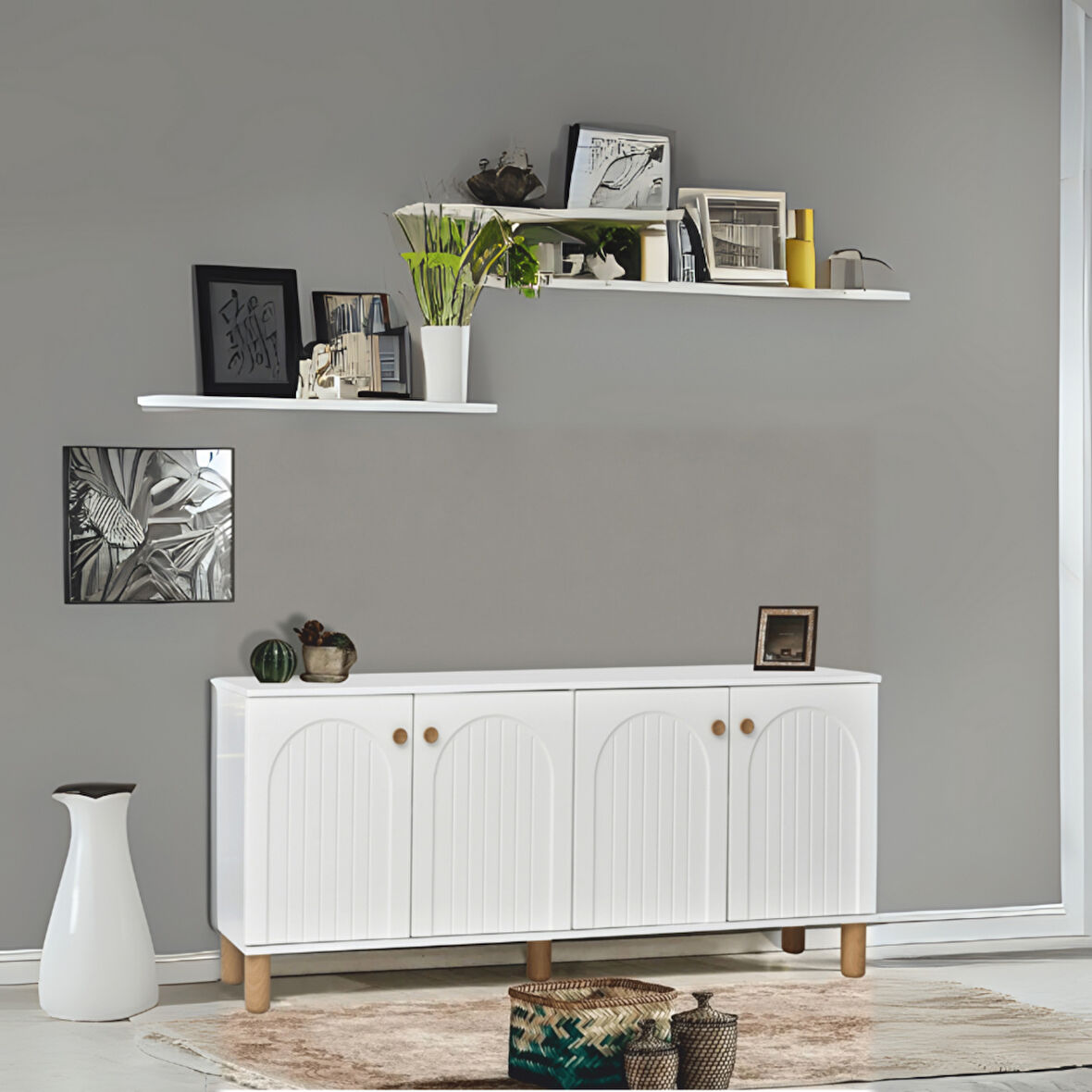 Lidya Konsol 4 Kapaklı Beyaz Krem Ahşap Görünümlü Ayaklı 180x80x44 Cm