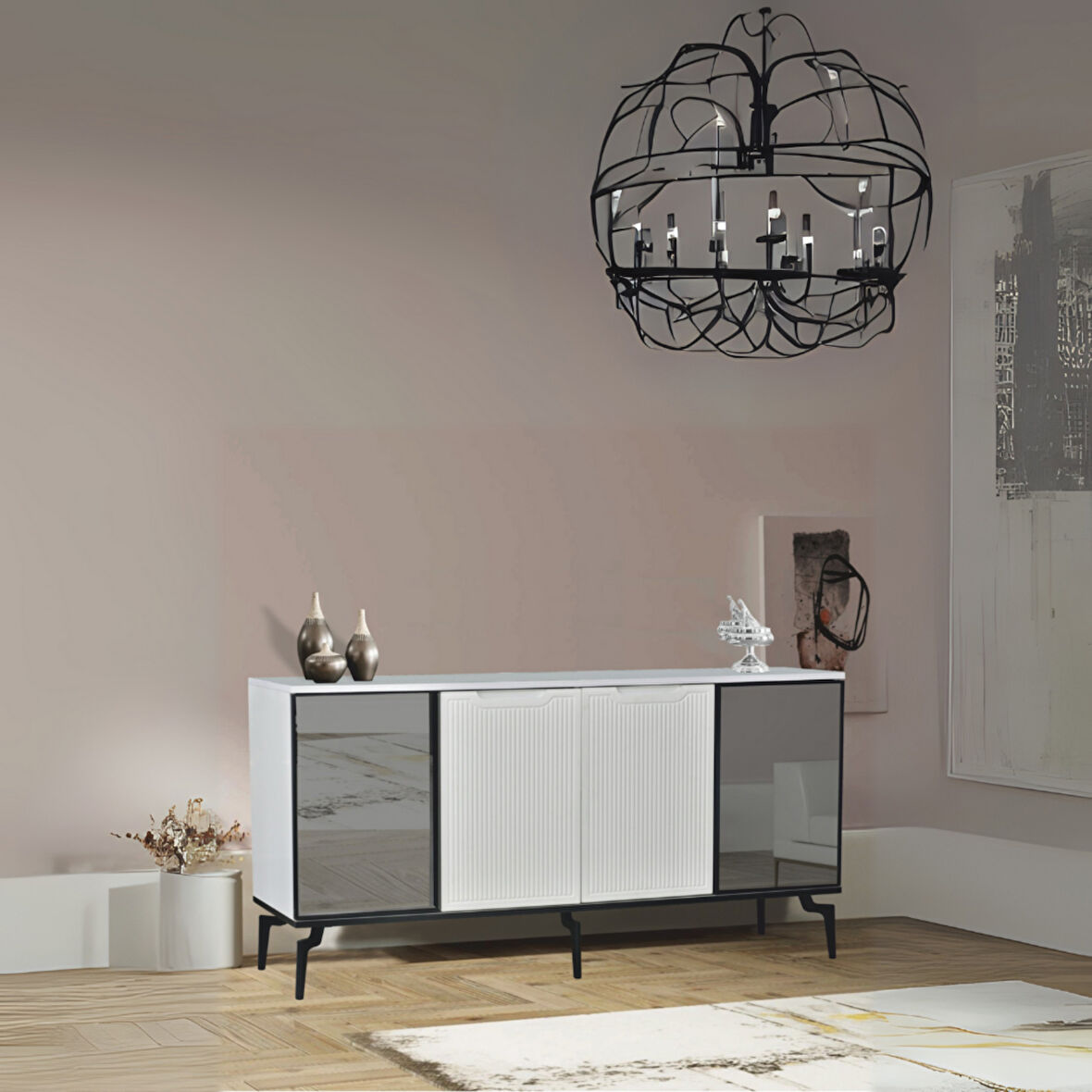 Viva Camlı Konsol Beyaz Aynalı 4 Kapaklı Raflı 160x80x43,5 Cm