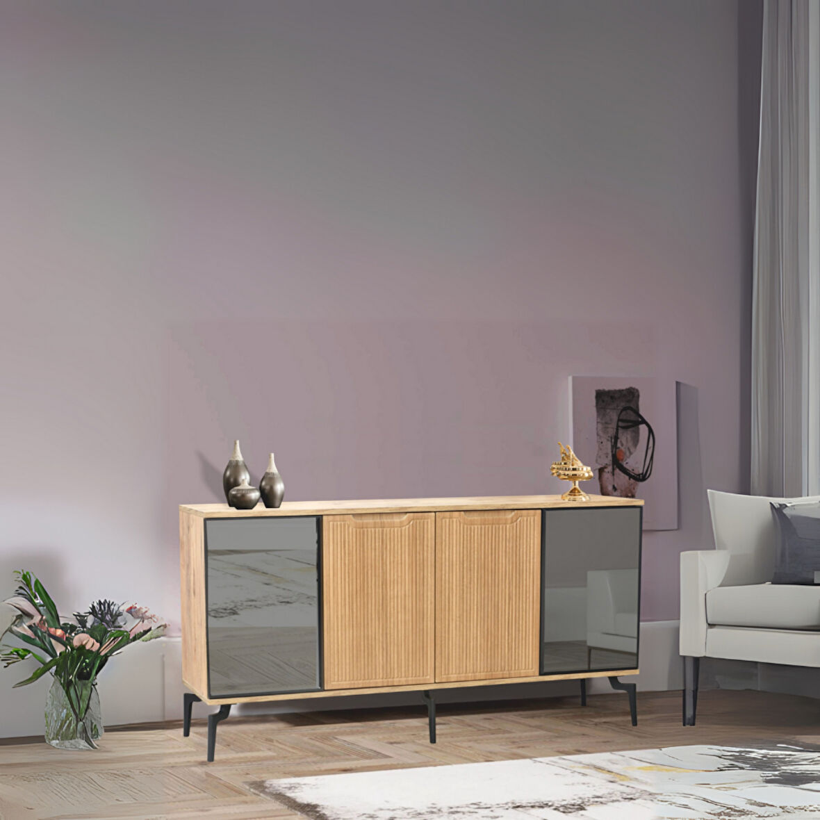 Viva Camlı Konsol Atlantik Çam Aynalı 4 Kapaklı Raflı 160x80x43,5 Cm