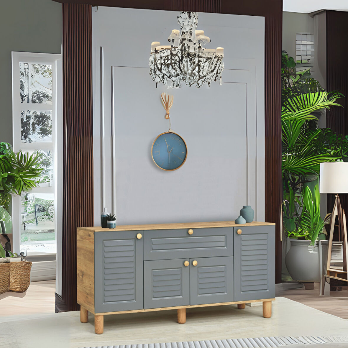 Helena Konsol Atlantik Çam Antrasit4 Kapaklı 1 Çekmeceli Ahşap Detaylı 160x80x44 Cm