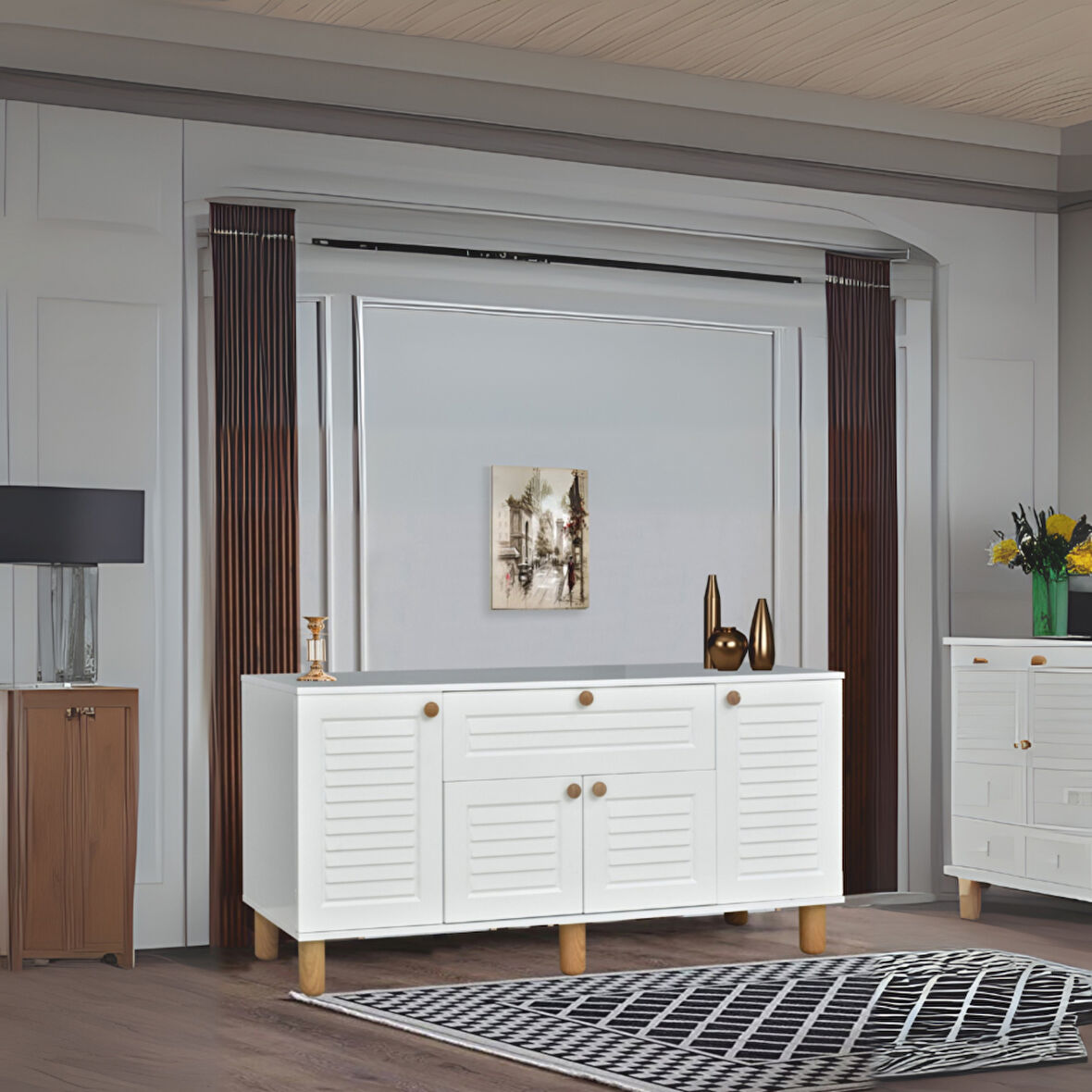 Helena Konsol Beyaz 4 Kapaklı 1 Çekmeceli Ahşap Detaylı 160x80x44 Cm