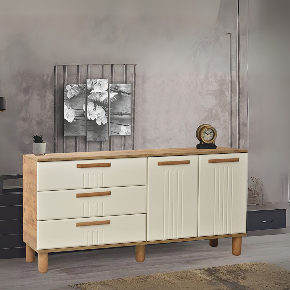 Dia Konsol 2 Kapaklı 3 Çekmeceli Atlantik Çam Krem 160x80x43,5 Cm