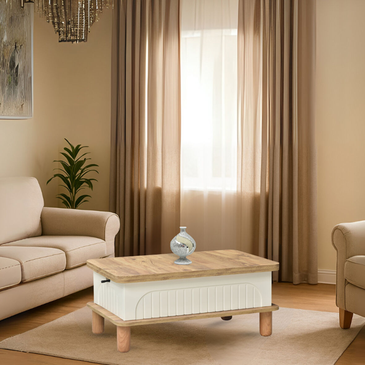 Lidya Akıllı Sehpa Atlantik Çam Krem 4 Fonksiyonlu Açılır Mekanizmalı 90x39x60 Cm