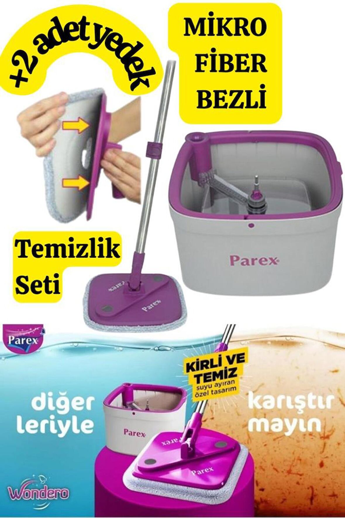 Parex Wondero +2 Yedek Moplu Bezli Temiz Su Ile Kirli Su Ile Ayıran Otomatik Temizlik Seti