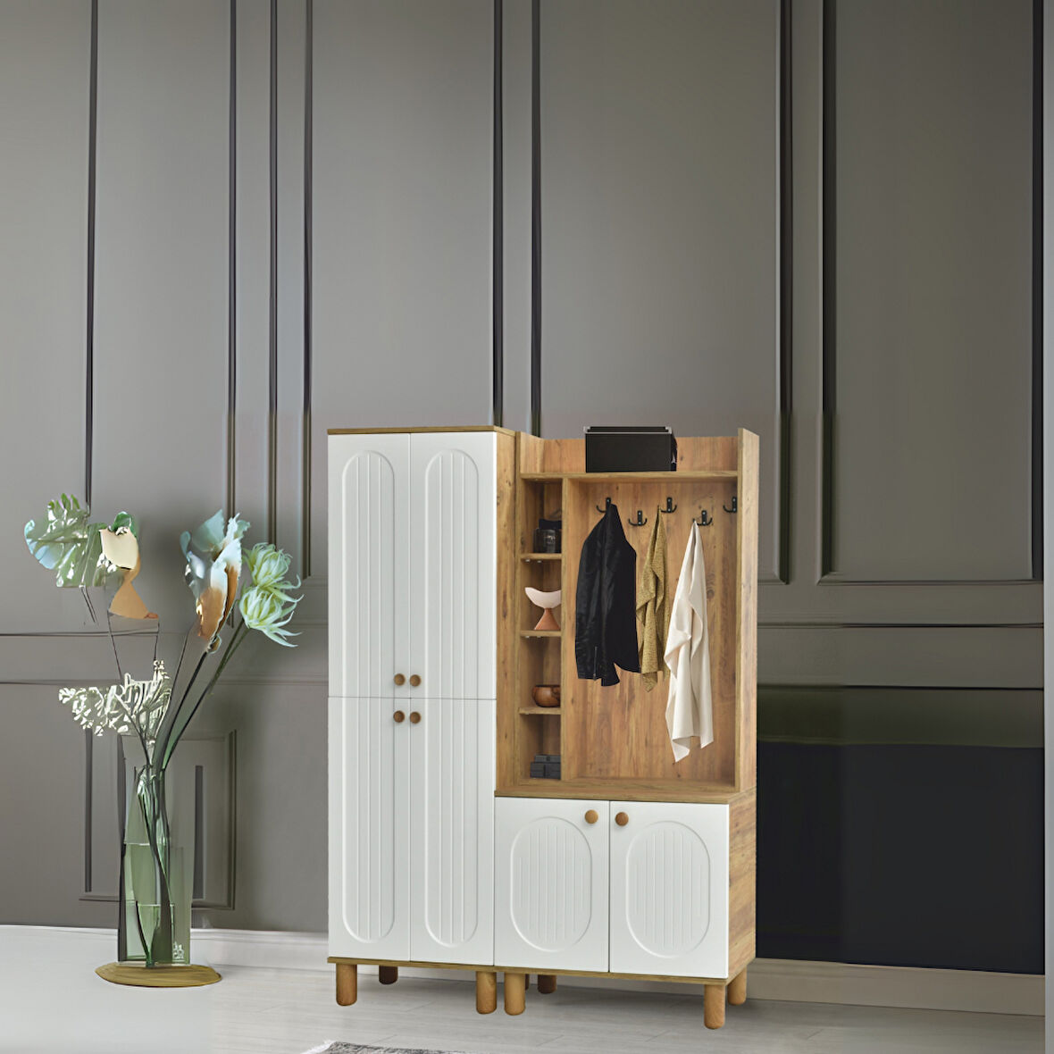 Lidya Portmanto Takımı Atlantik Çam Beyaz Askılıklı Raflı Ayakkabılık 140x37x195 cm