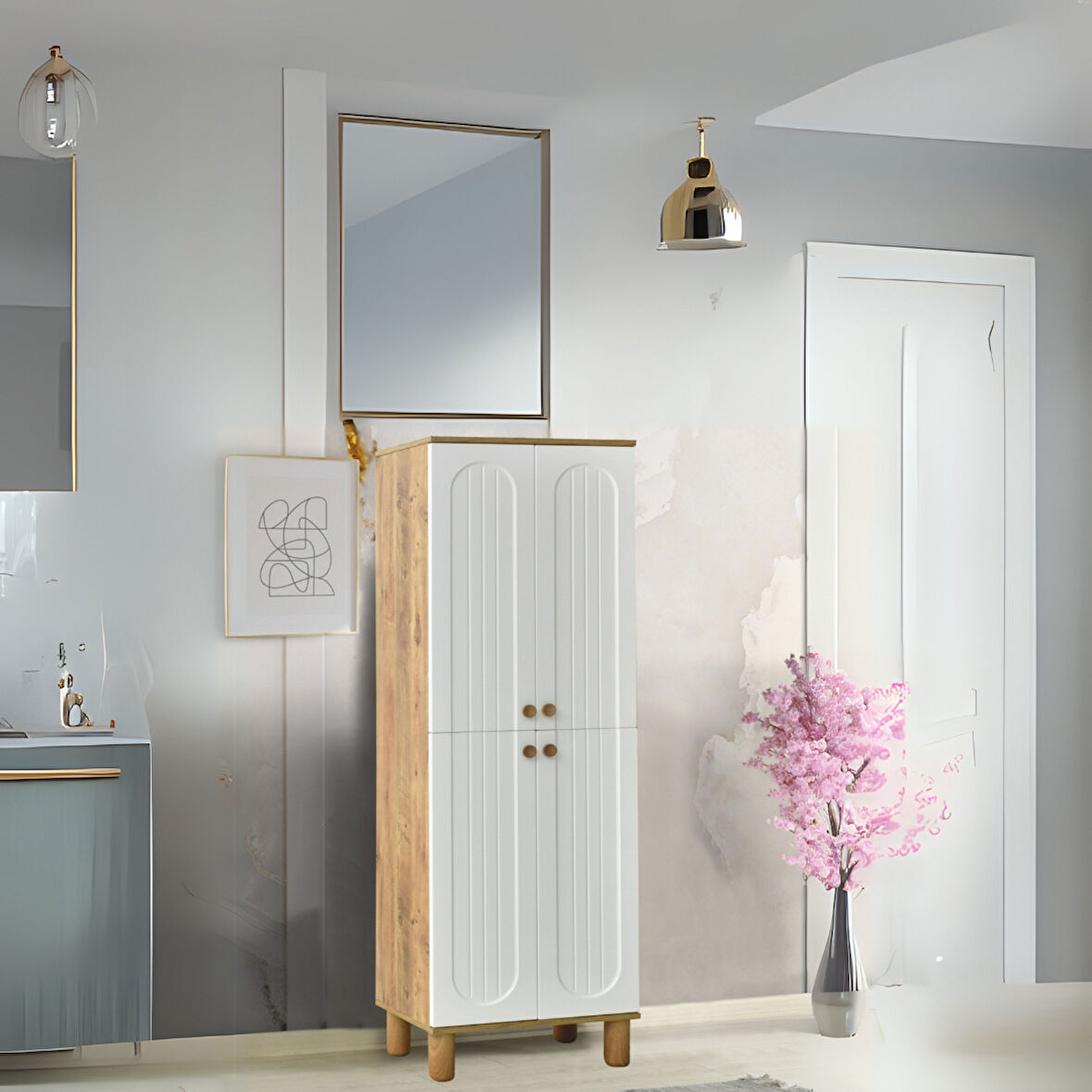 Lidya Portmanto Dolabı Atlantik Çam Beyaz Raflı 2 Kapaklı Ayakkabılık 60x37x195 cm