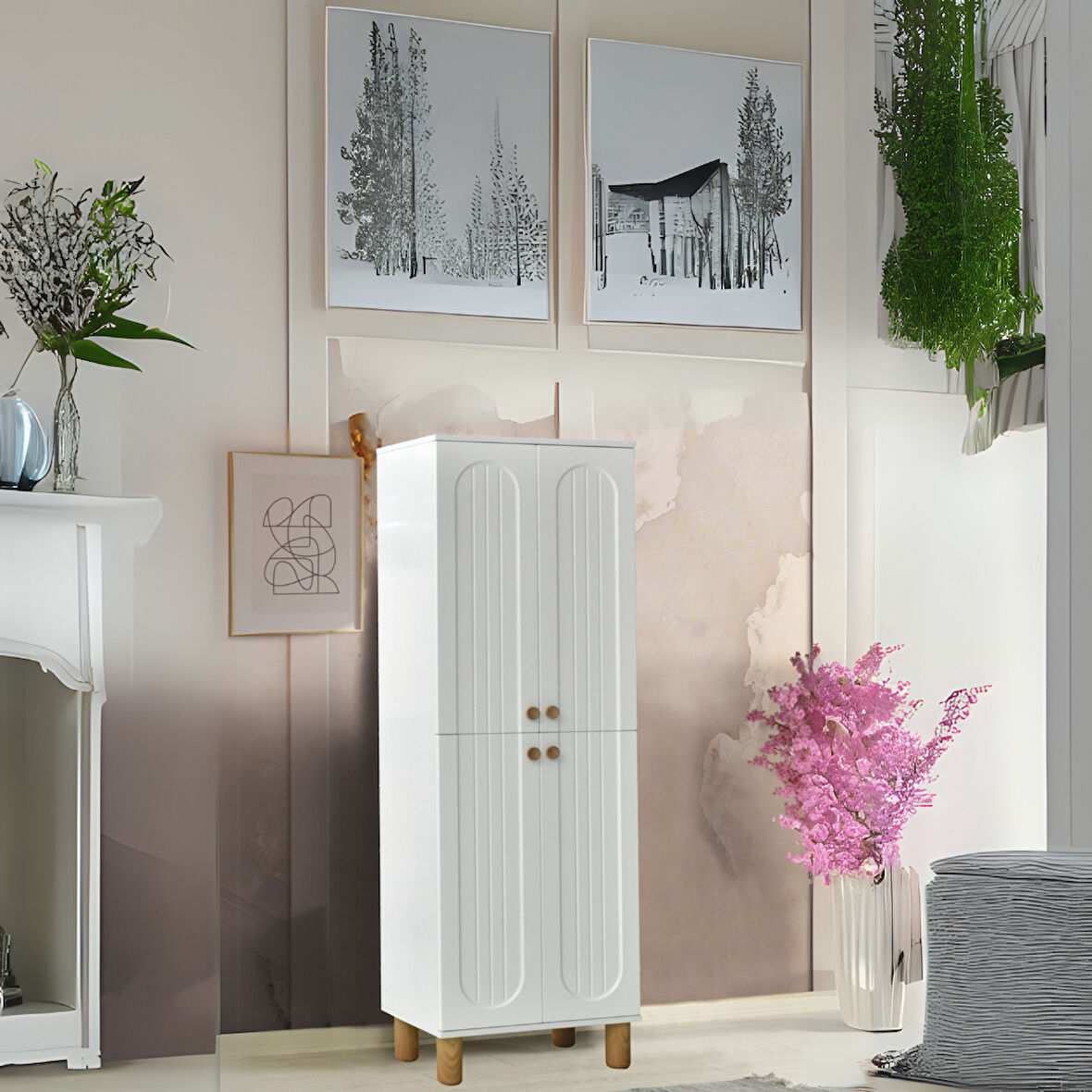 Lidya Portmanto Dolabı Beyaz Raflı 2 Kapaklı Ayakkabılık Dolap 60x37x195 cm