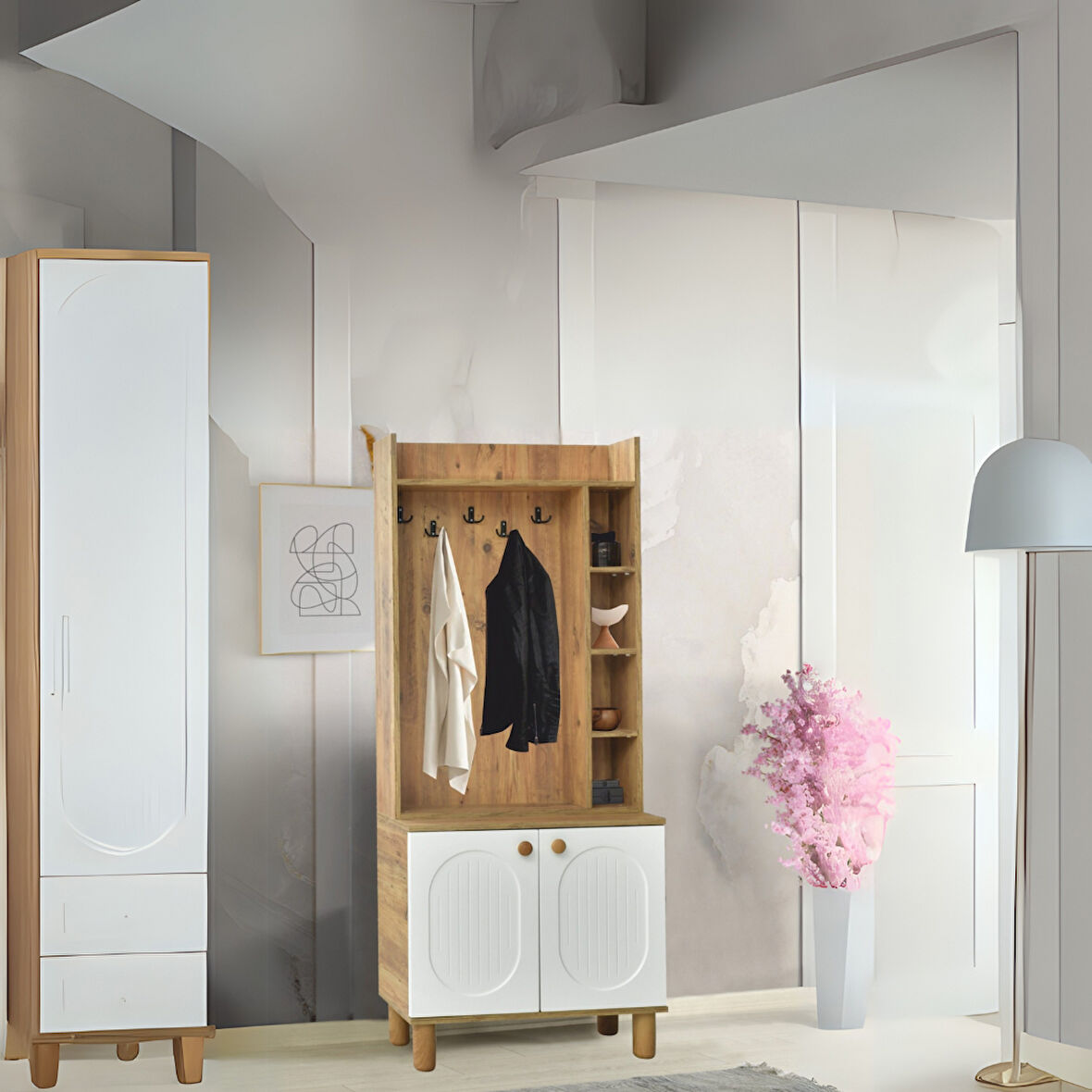 Lidya Portmanto Askılıklı Dolap Atlantik Çam Beyaz Ayakkabılık 80x37x195 cm