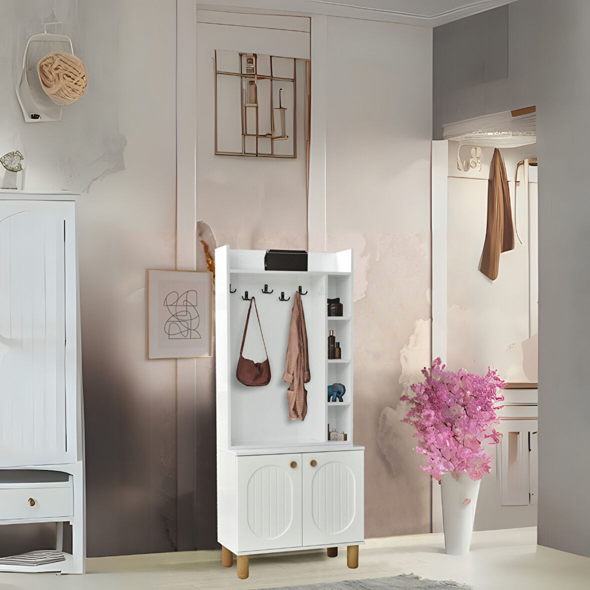 Lidya Portmanto Askılıklı Beyaz Raflı Ayakkabılık Dolap 80x37x195 cm