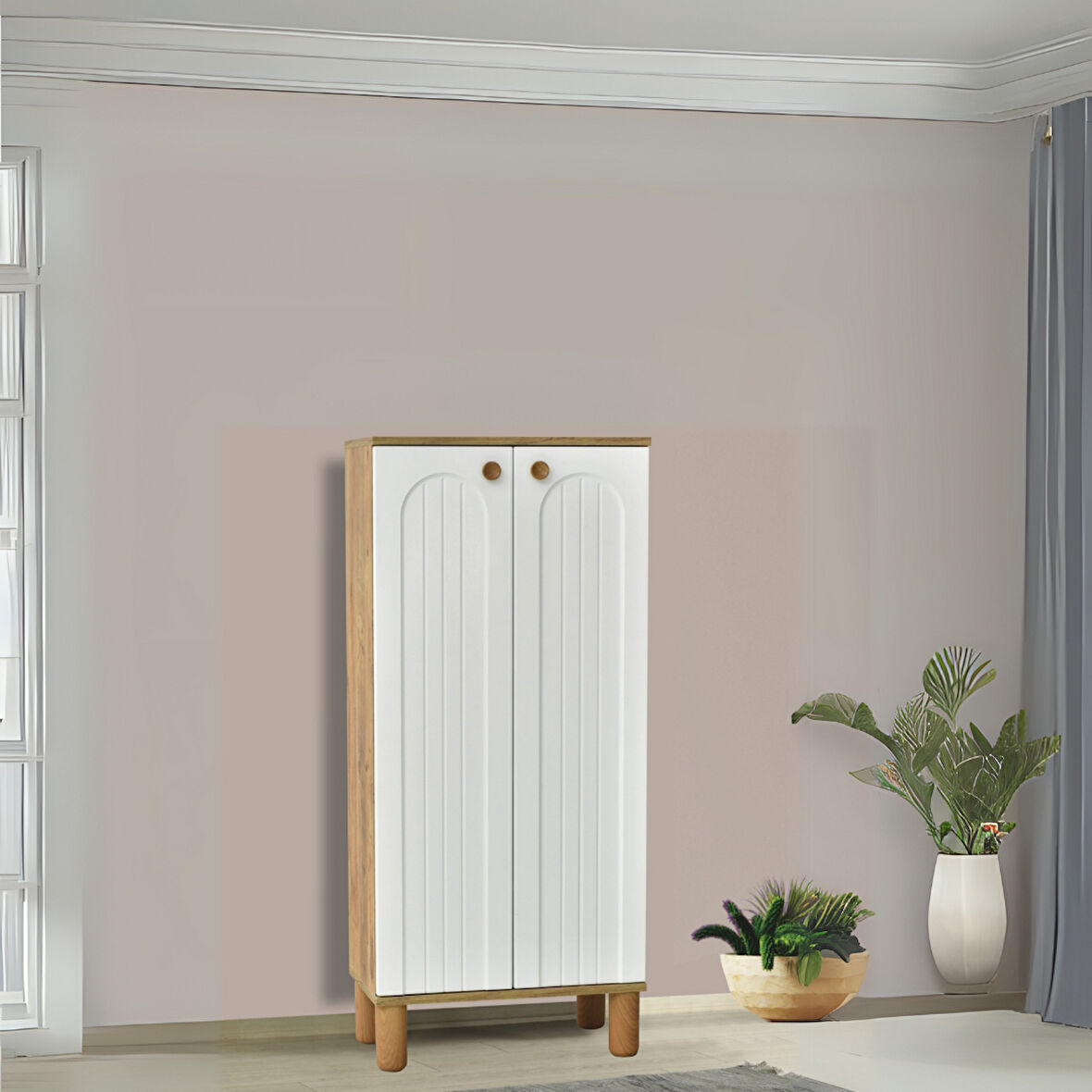 Lidya 2 Kapaklı Ayakkabılık – Atlantik Çam / Beyaz 60x34x135 Cm