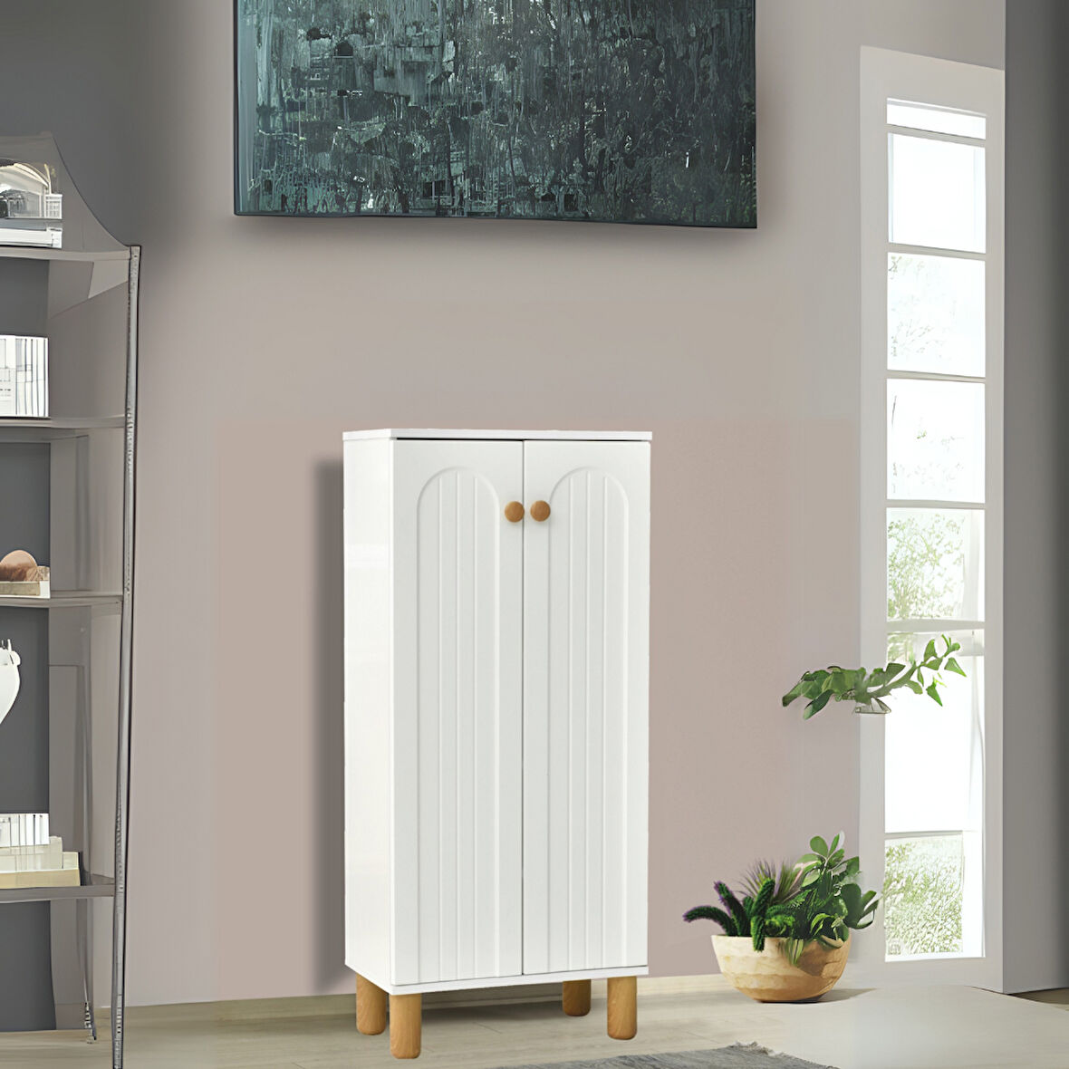 Lidya 2 Kapaklı Raflı Ayakkabılık – Beyaz Renkli Modern Çizgili Model | 60x34x135 Cm