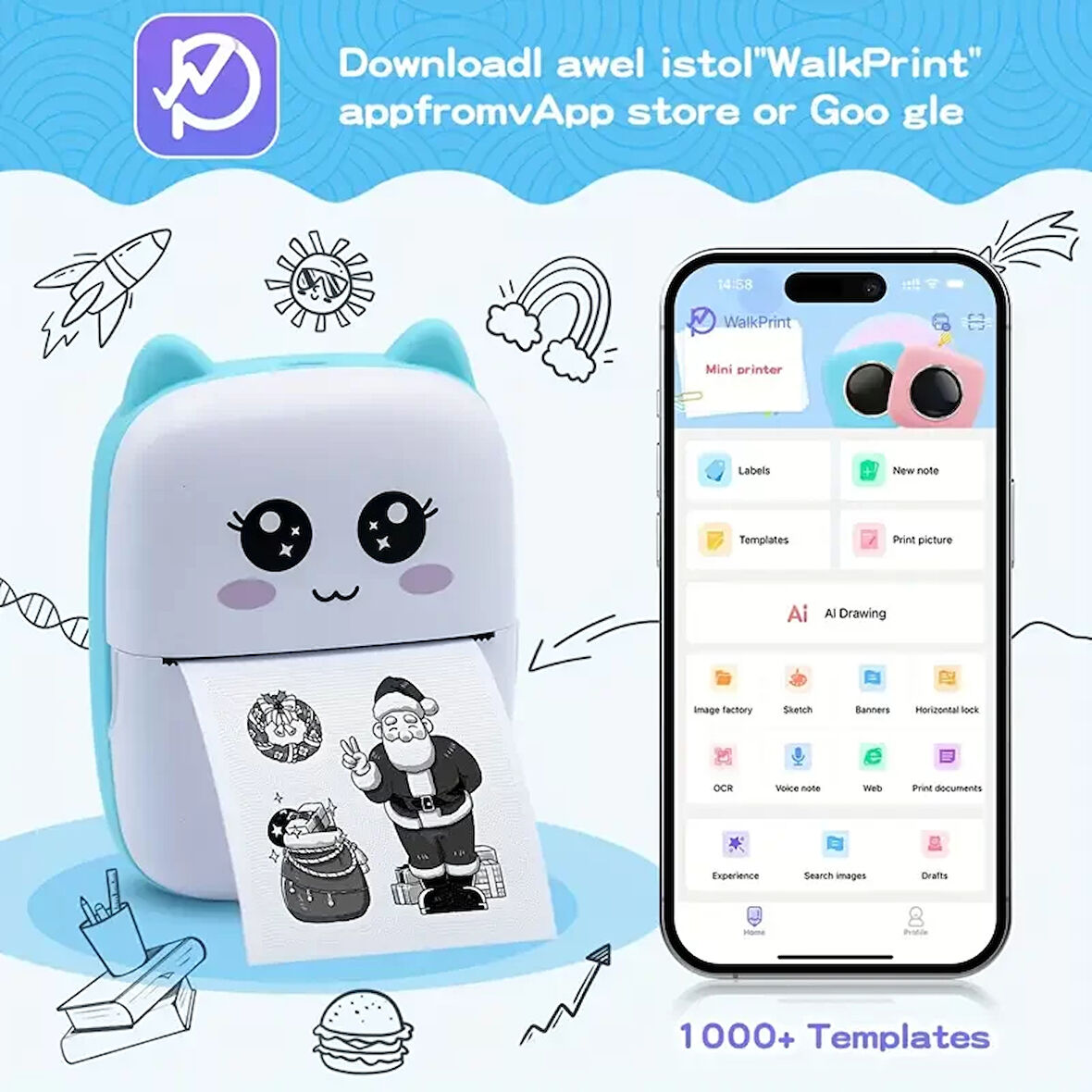 Taşınabilir Yazıcı, Mini Cep Kablosuz Termal Yazıcı Android iOS Akıllı Telefonlar için Uygun, BT Mürekkepsiz Baskı, Etiketler, Fişler, Fotoğraflar, Notlar, Öğrenme (5256)