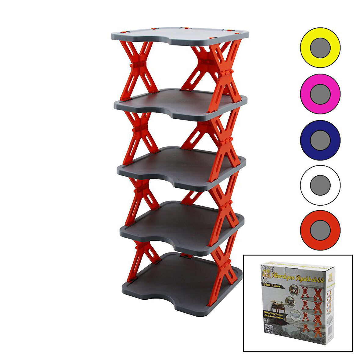 YENİ NESİL AKORDİYON - KATLANIR - 5 KATLI PLASTİK AYAKKABILIK GRİ TABAN-27X27CM - RENKLİ AYAKLAR (5256)