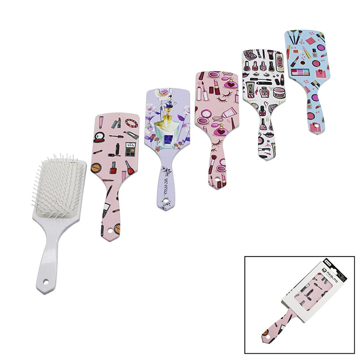 SAÇ FIRÇASI - TARAK  PLASTİK RENKLİ DESENLİ SAP - BEYAZ FIRÇA KILLARI (5256)