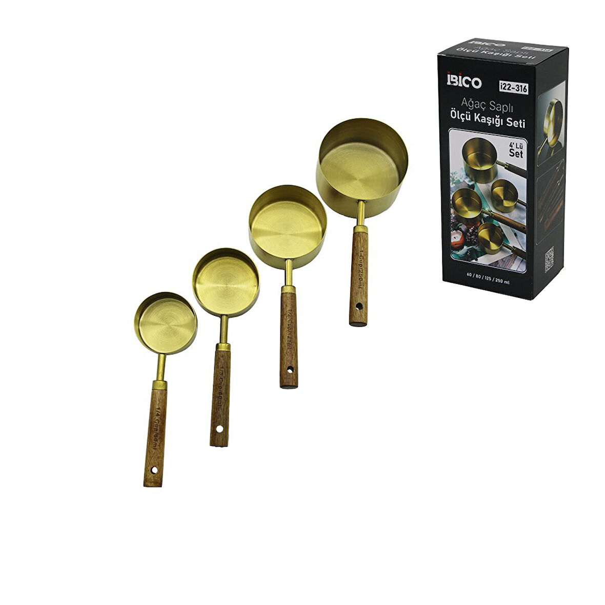 4 PCS GOLD METAL ÖLÇÜ KAŞIK SETİ OTANTİK AĞAÇ KULP 250ML - 125ML - 80ML - 60ML (5256)