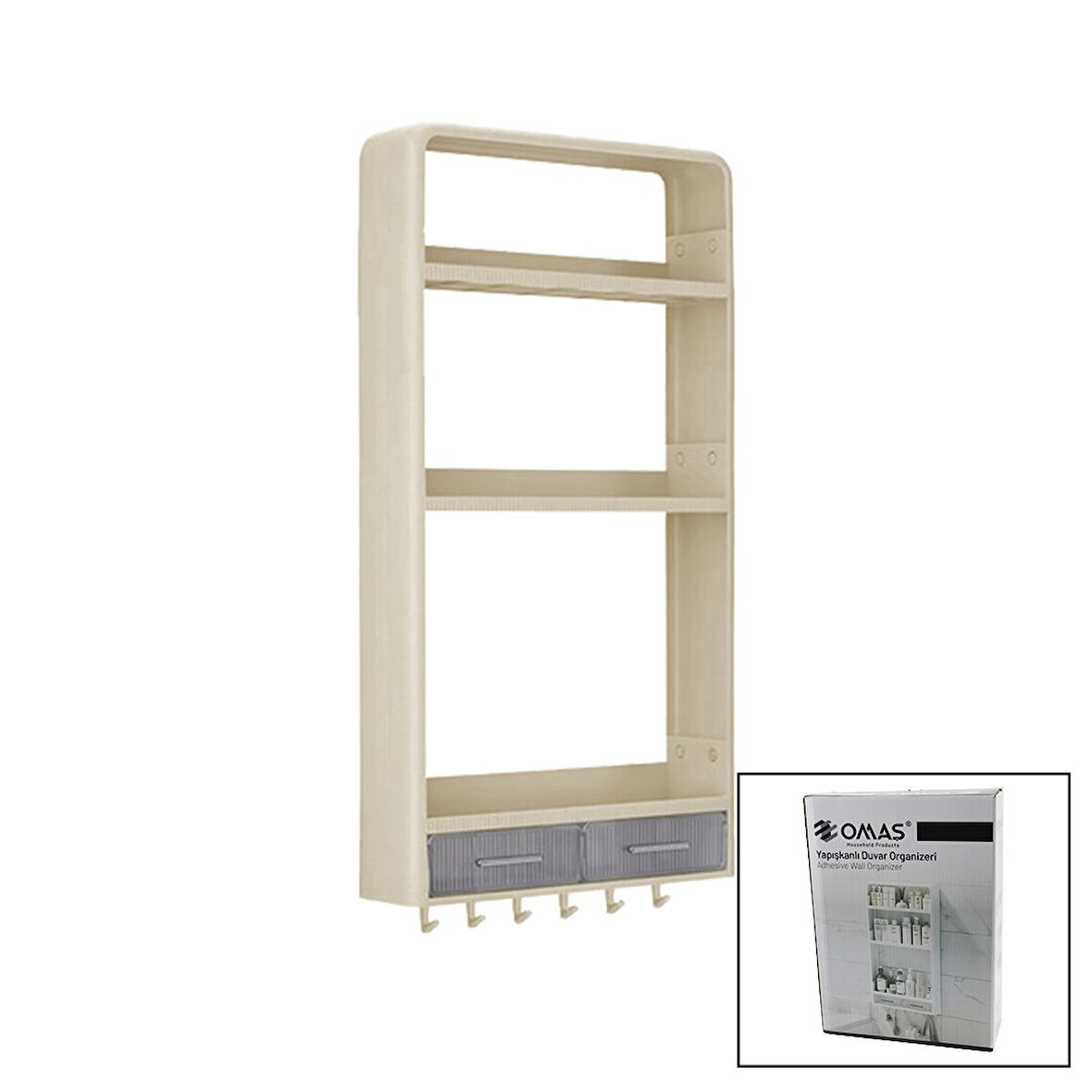 BEJ YAPIŞKANLI DUVAR ORGANİZERİ PLASTİK 3 RAF=14CM-19CM-30CM - 2 ÇEKMECE=40CM - 6 ASKI 19 PCARÇA (5256)