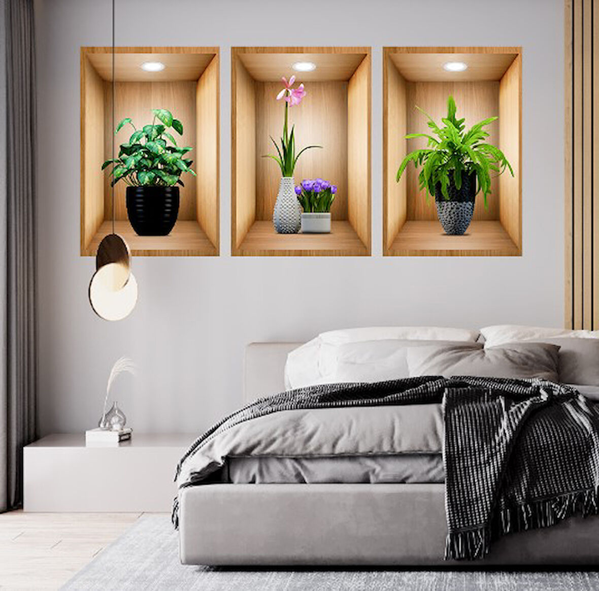 3D Çiçek Vazo Duvar Sticker 3 lü Set Kahverengi Fon (5256)