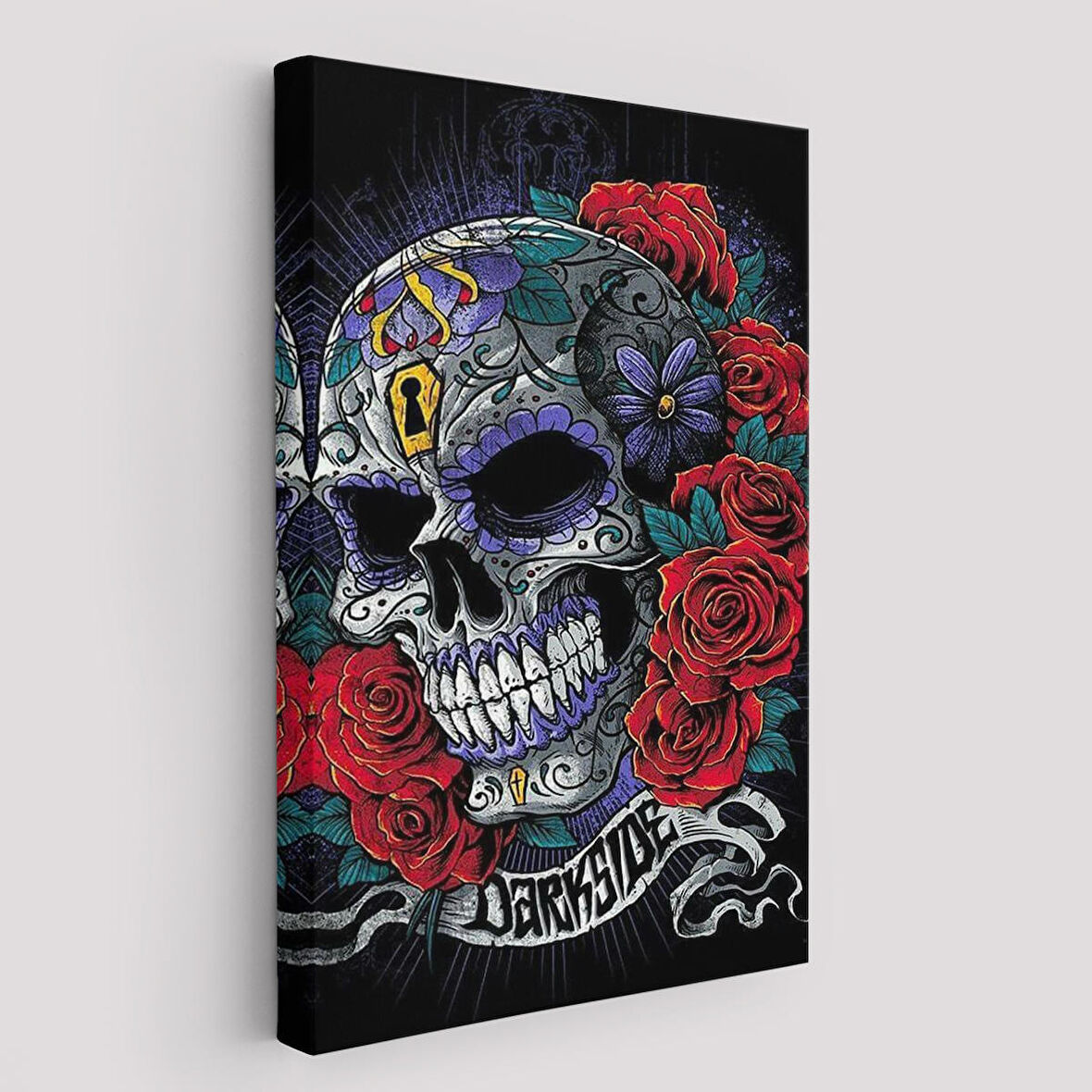 Renkli Çiçeklerle Kafatası Posteri, Şeker Kafatası Sanatsal Kanvas Tablo-5256