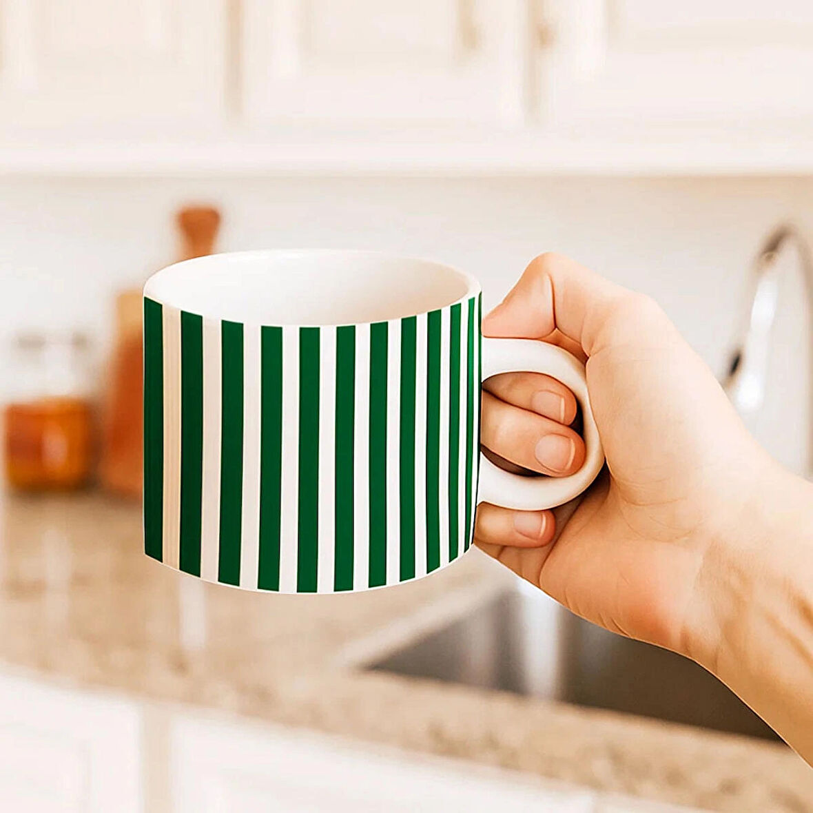 Yeşil Şerit Desenli Motto Fincan Kupa Bardak