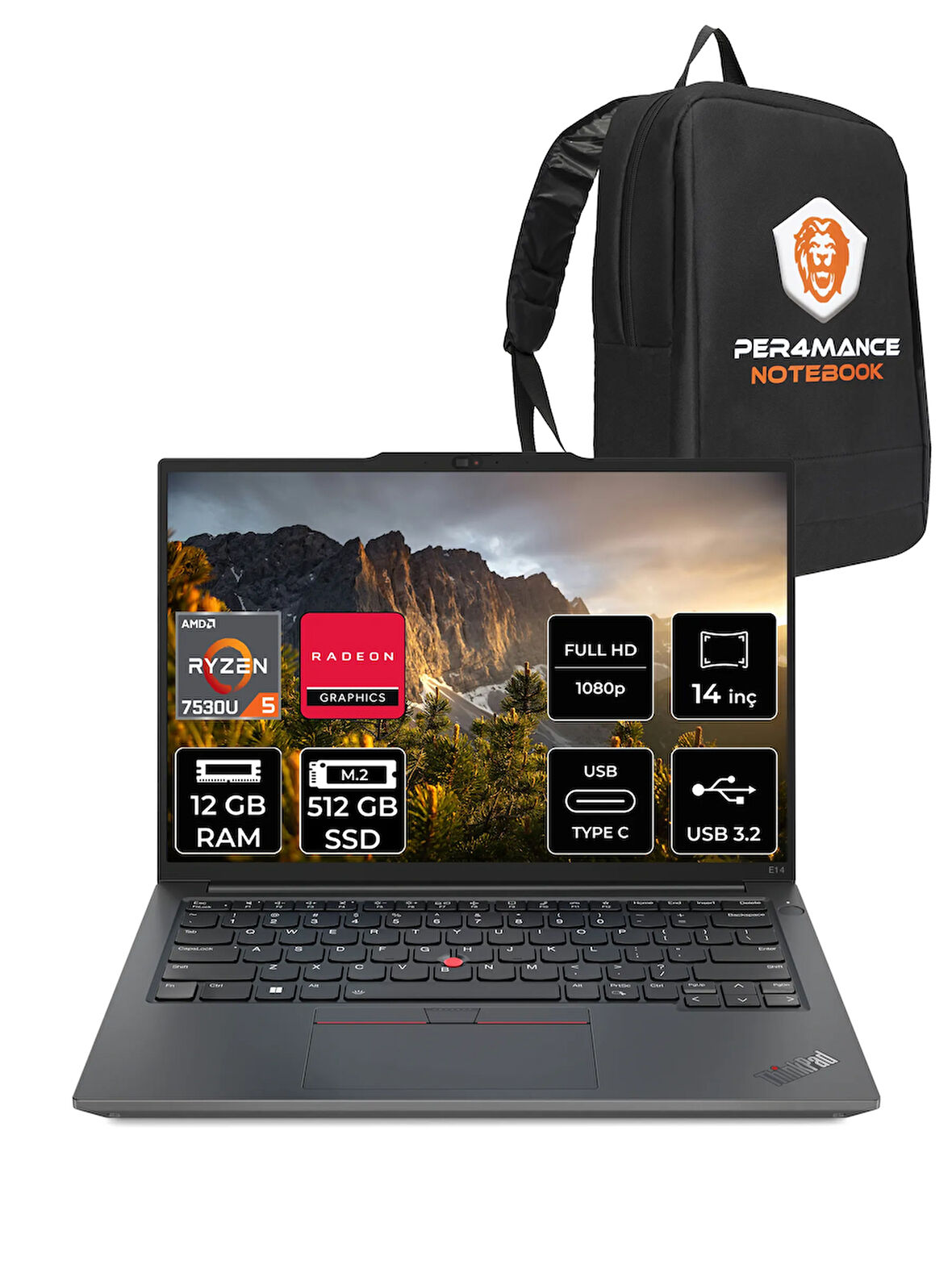 Lenovo ThinkPad E14 G5 R5 7530U 12GB 512GB SSD 14'' WUXGA FDOS Dizüstü Bilgisayar & PER4 ÇANTA